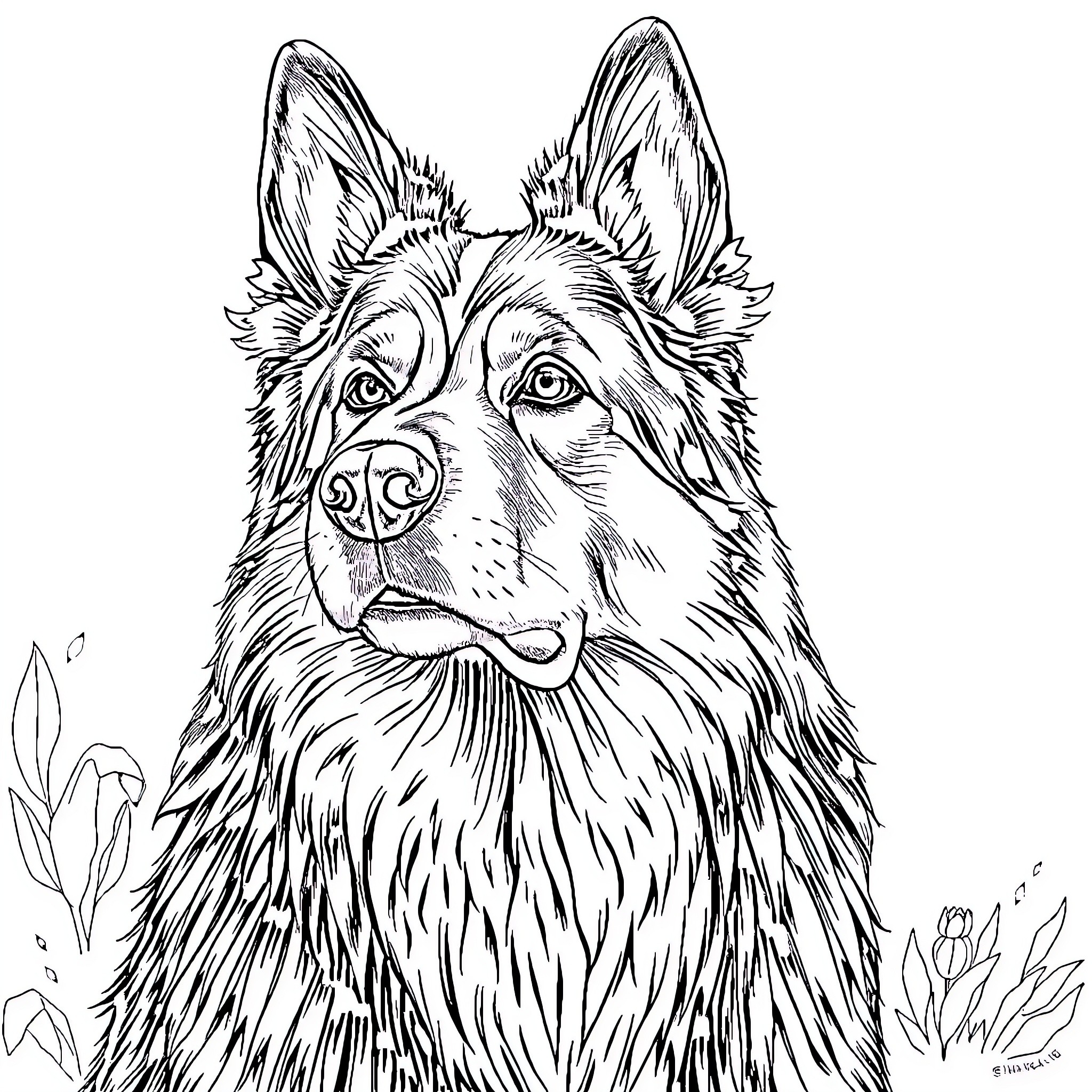 German Shepherd portrait with plants Coloring Page (free black-and-white line drawing printable PDF for all, from beginners to advanced learners, including children, teens, adults, and seniors)