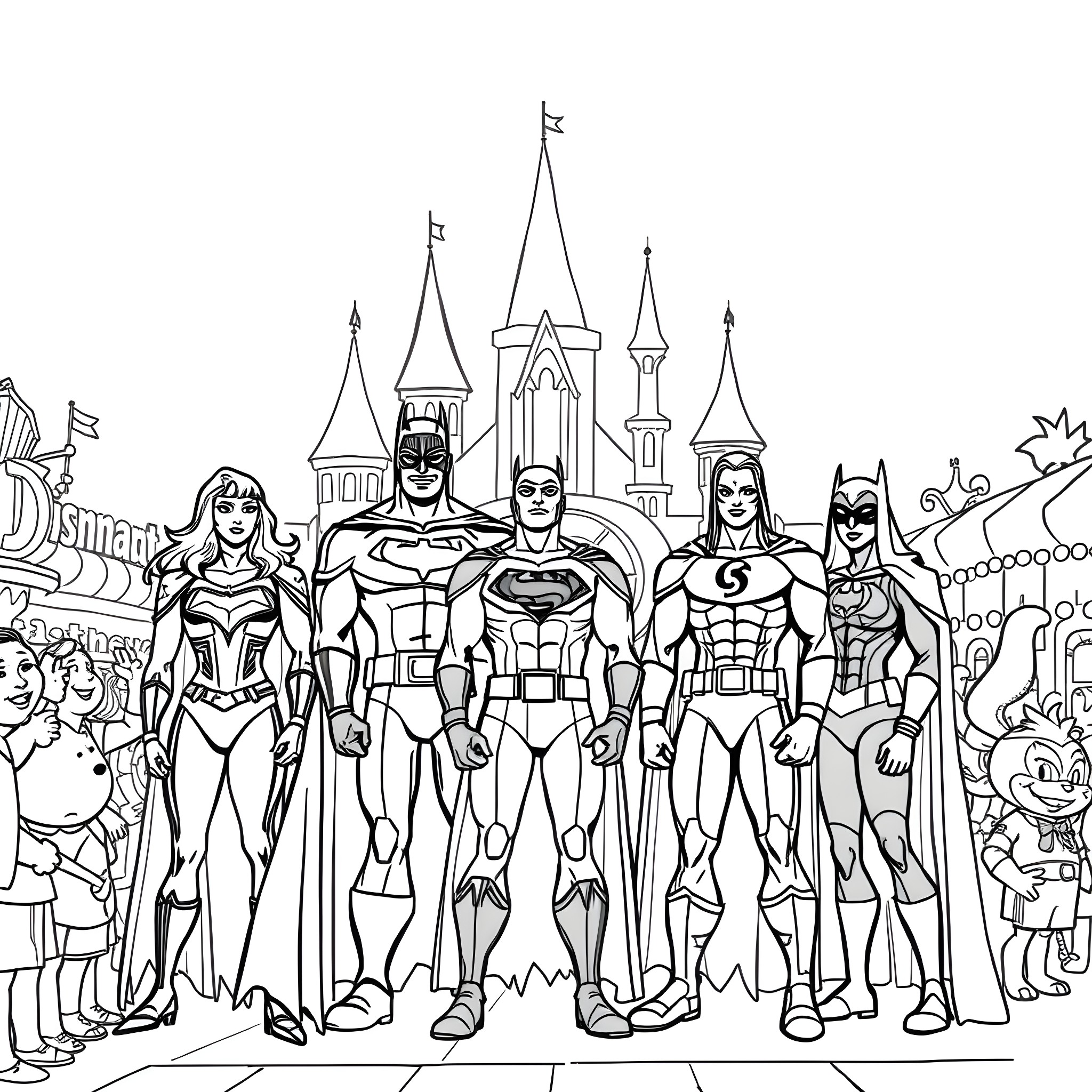 Justice League Heroes Gather in Heroic Poses Coloring Page (free black-and-white line drawing printable PDF for all, from beginners to advanced learners, including children, teens, adults, and seniors)