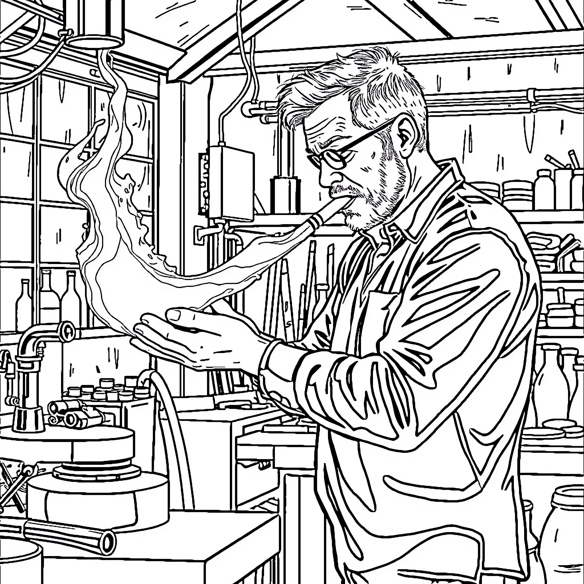 Man working intently in a workshop Coloring Page (free black-and-white line drawing printable PDF for all, from beginners to advanced learners, including children, teens, adults, and seniors)