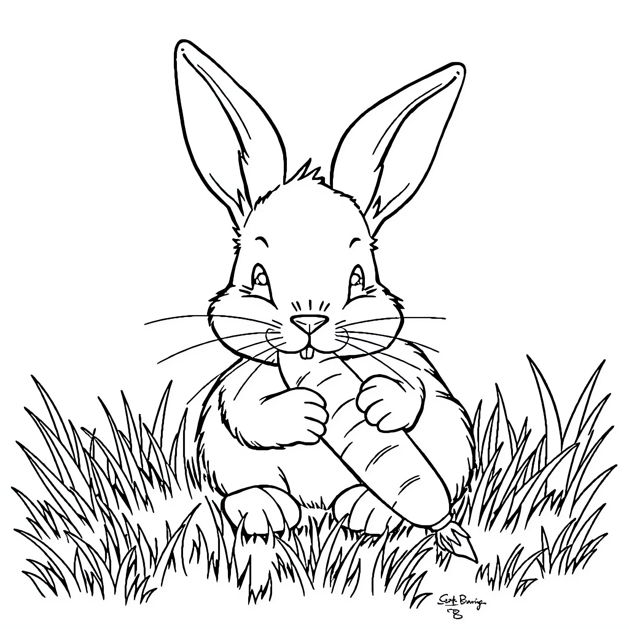 Bunny snuggling in the grass Coloring Page (free black-and-white line drawing printable PDF for all, from beginners to advanced learners, including children, teens, adults, and seniors)