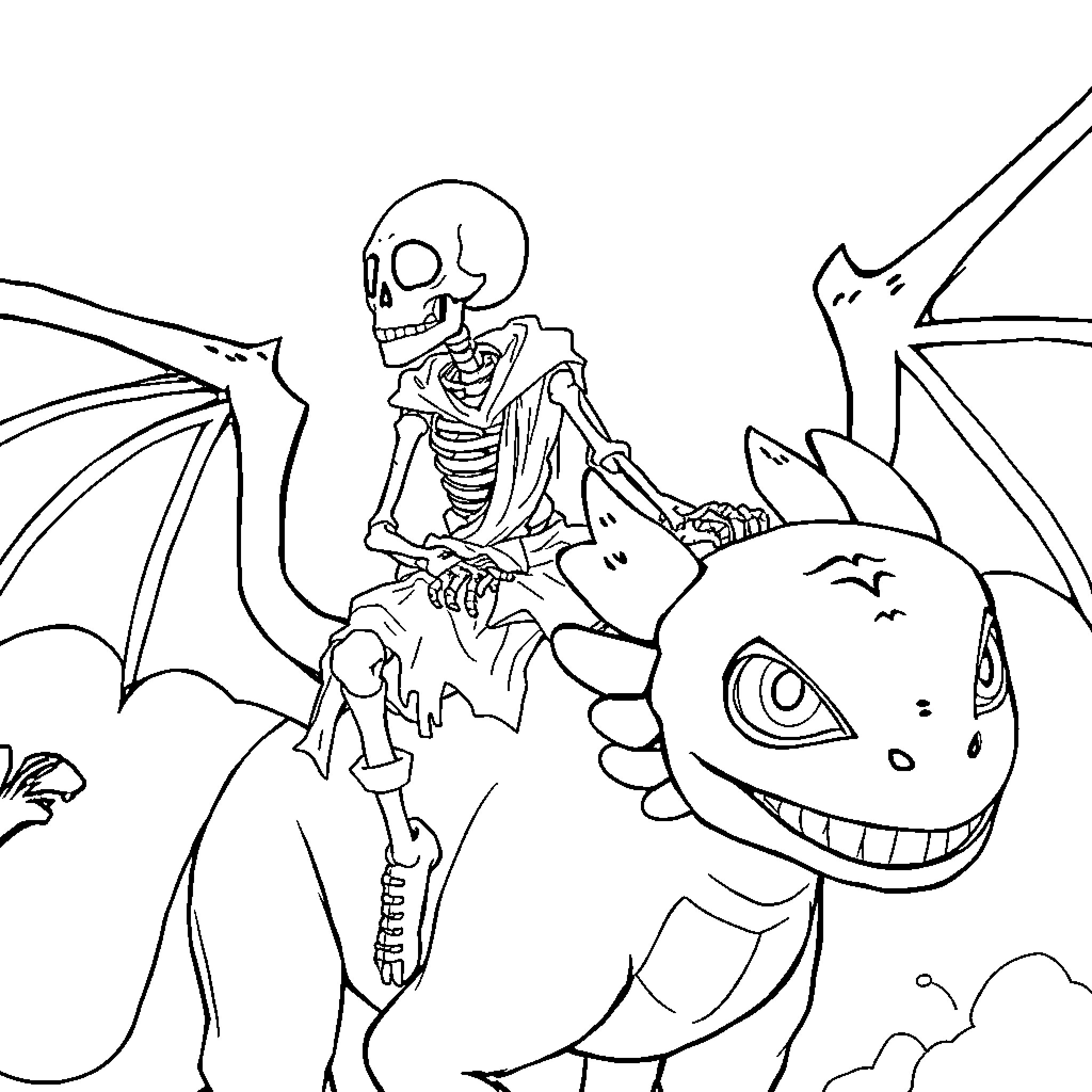 Skeleton riding a fantastic creature Coloring Page (free black-and-white line drawing printable PDF for all, from beginners to advanced learners, including children, teens, adults, and seniors)
