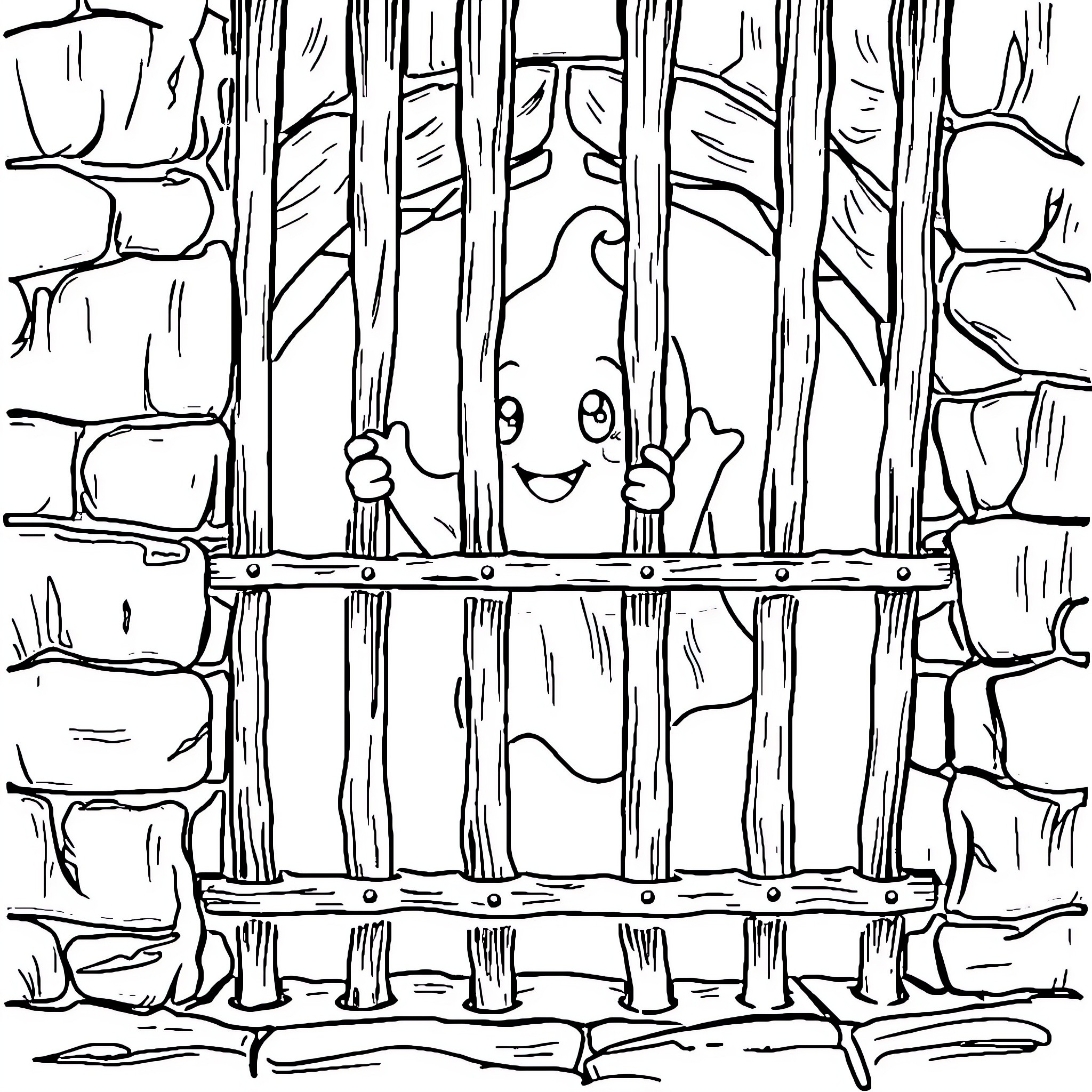 Ghost peeking through the forest bars Coloring Page (free black-and-white line drawing printable PDF for all, from beginners to advanced learners, including children, teens, adults, and seniors)
