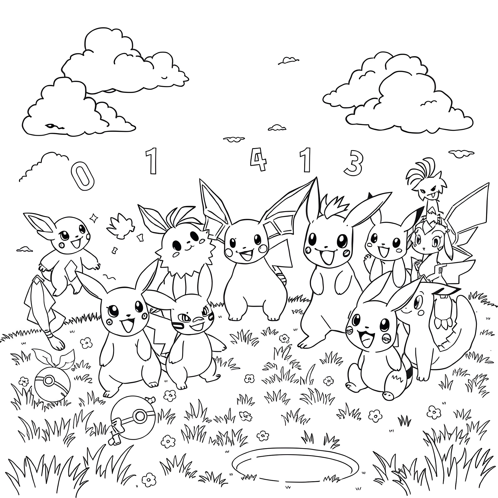 Pokémon characters playing happily in the meadow Coloring Page (free black-and-white line drawing printable PDF for all, from beginners to advanced learners, including children, teens, adults, and seniors)