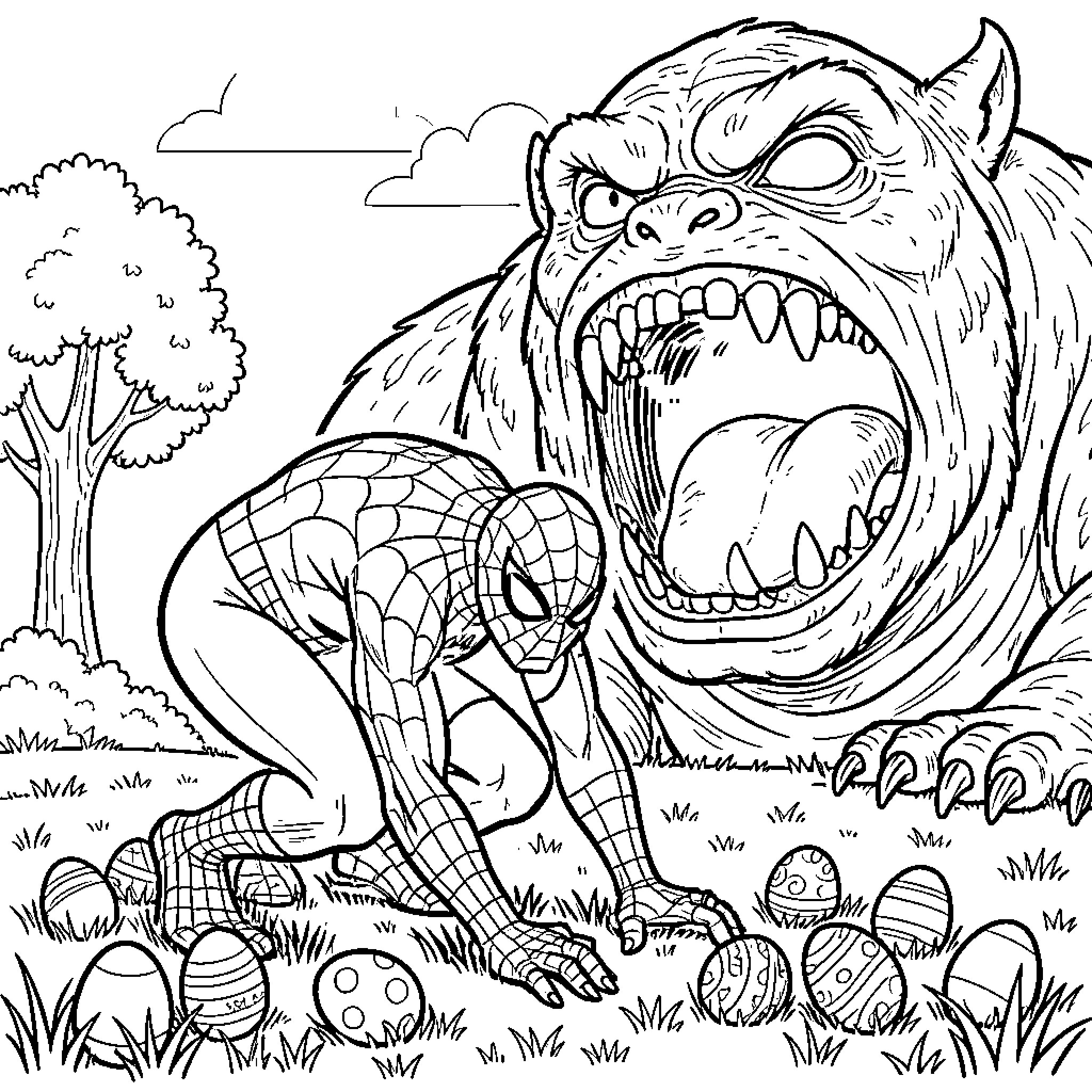 Spiderman confronted by a monstrous beast in the wilderness Coloring Page (free black-and-white line drawing printable PDF for all, from beginners to advanced learners, including children, teens, adults, and seniors)