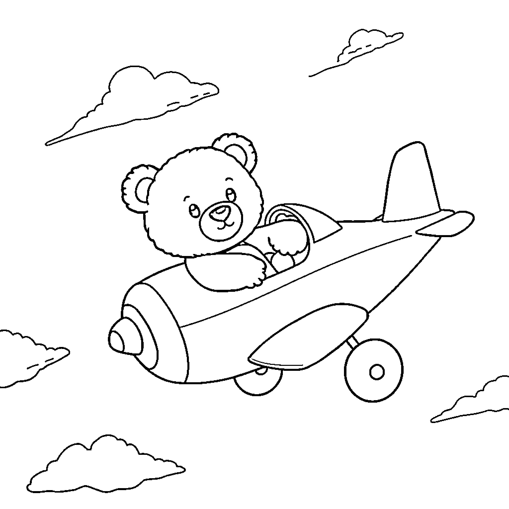 Teddy Bear flying in a toy plane Coloring Page (free black-and-white line drawing printable PDF for all, from beginners to advanced learners, including children, teens, adults, and seniors)