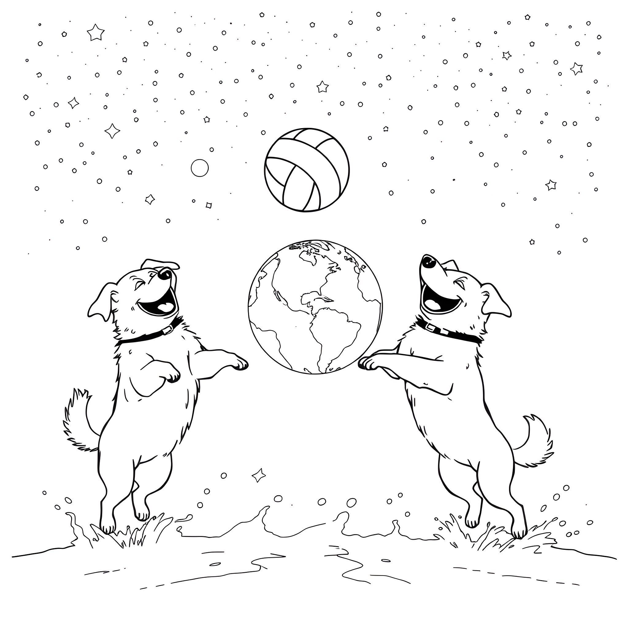 Dog playing joyfully with a volleyball and the Earth Coloring Page (free black-and-white line drawing printable PDF for all, from beginners to advanced learners, including children, teens, adults, and seniors)
