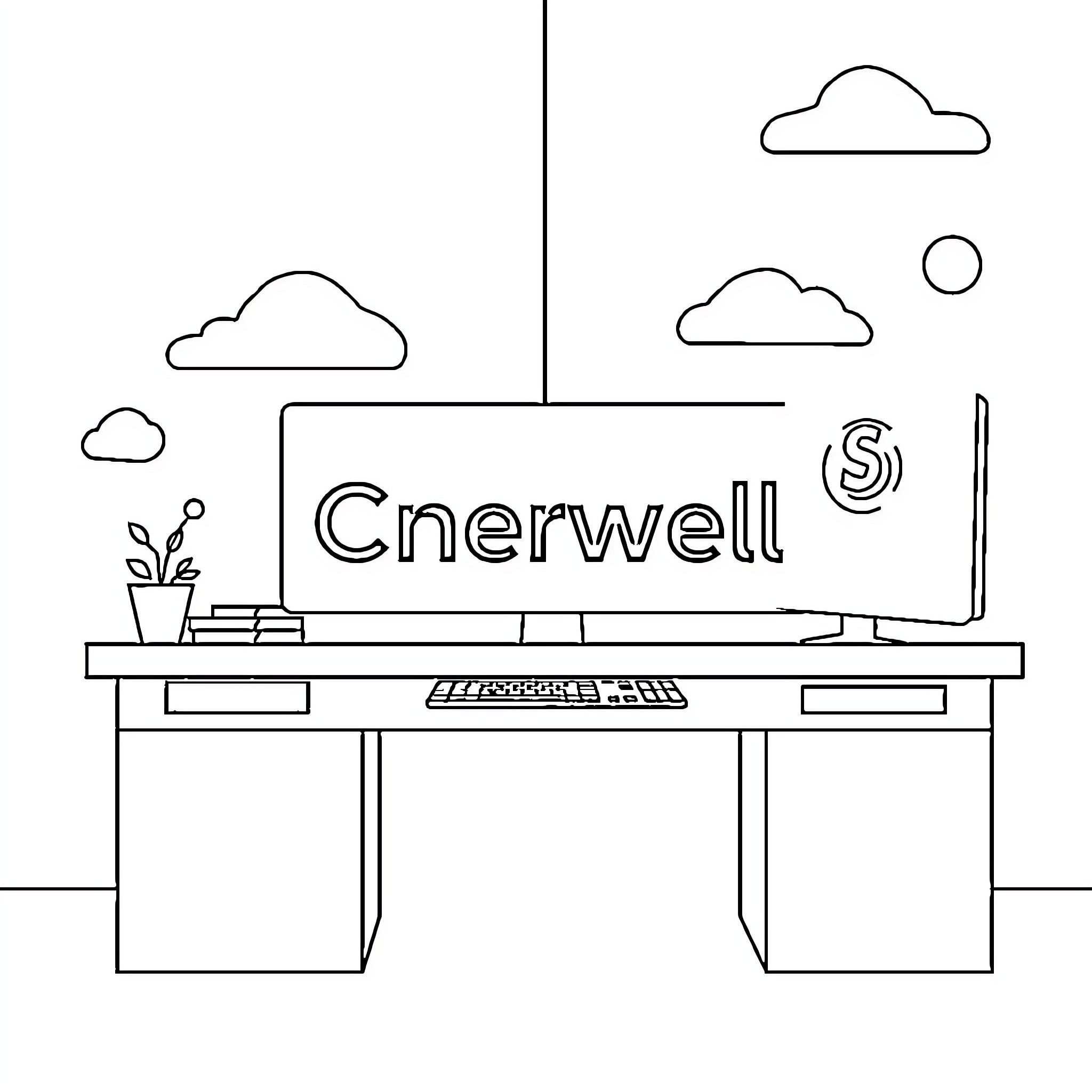 Service Desk at the Cnerwell Workspace Coloring Page (free black-and-white line drawing printable PDF for all, from beginners to advanced learners, including children, teens, adults, and seniors)