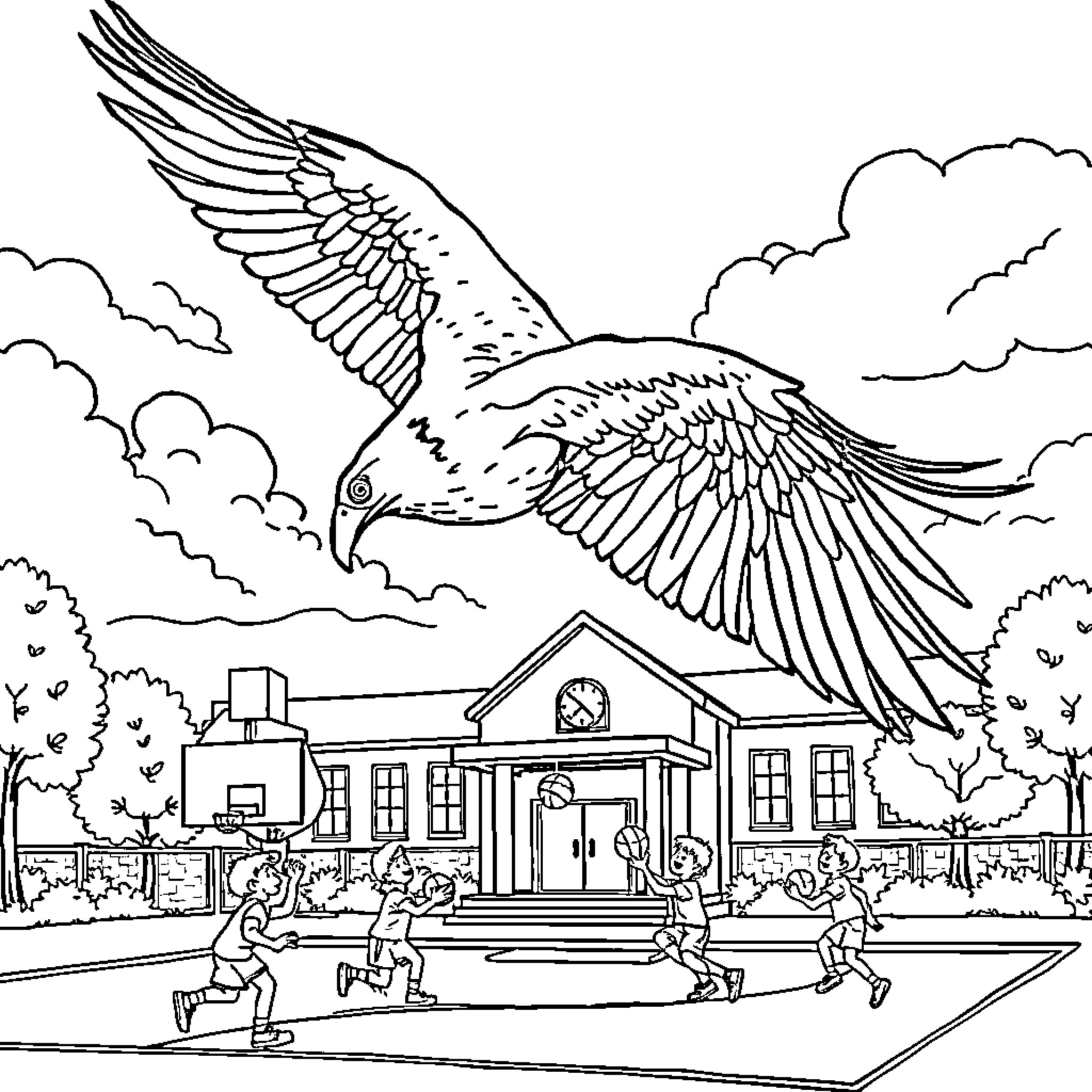 Eagle soaring over a school campus Coloring Page (free black-and-white line drawing printable PDF for all, from beginners to advanced learners, including children, teens, adults, and seniors)