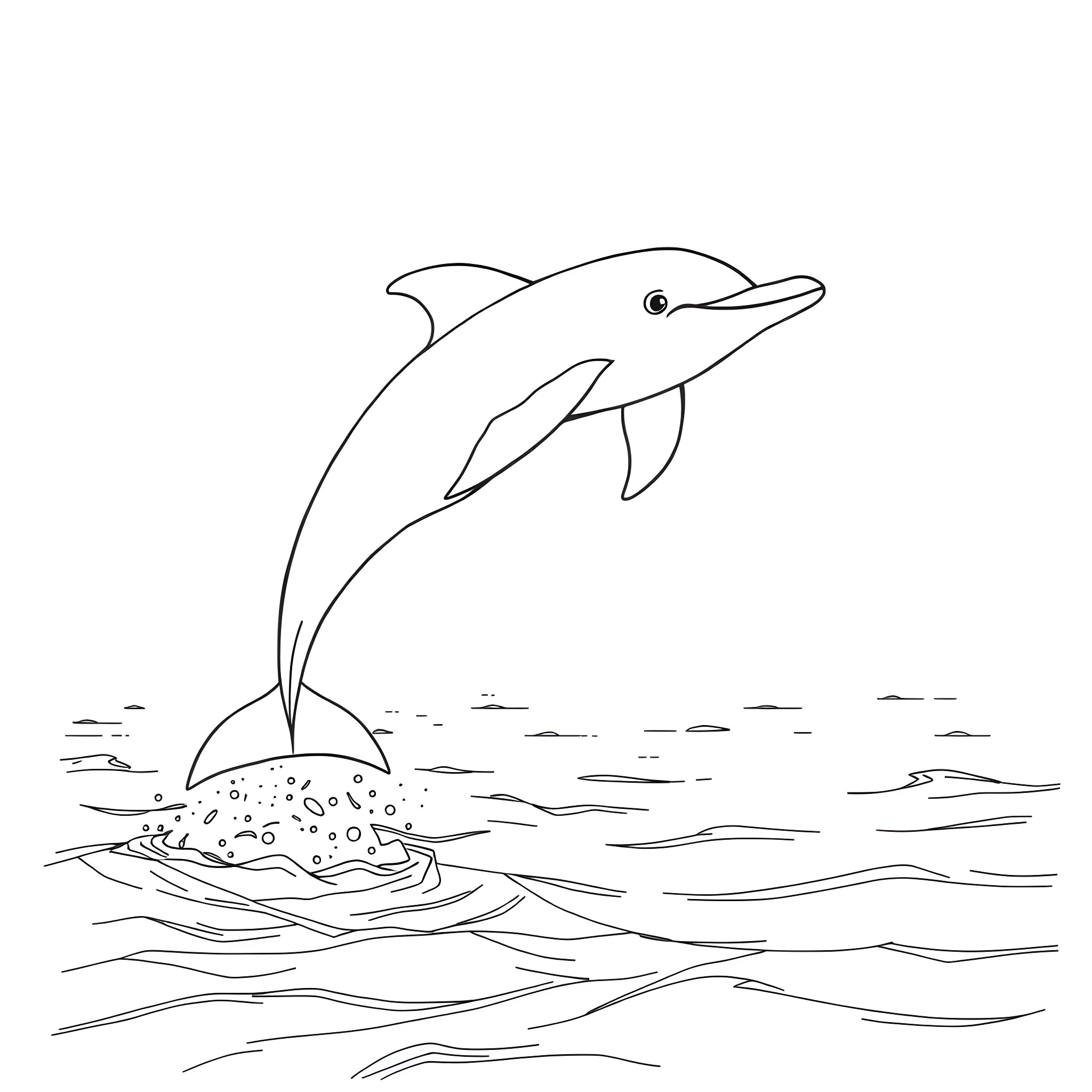 Dolphin jumping above the ocean waves Coloring Page (free black-and-white line drawing printable PDF for all, from beginners to advanced learners, including children, teens, adults, and seniors)