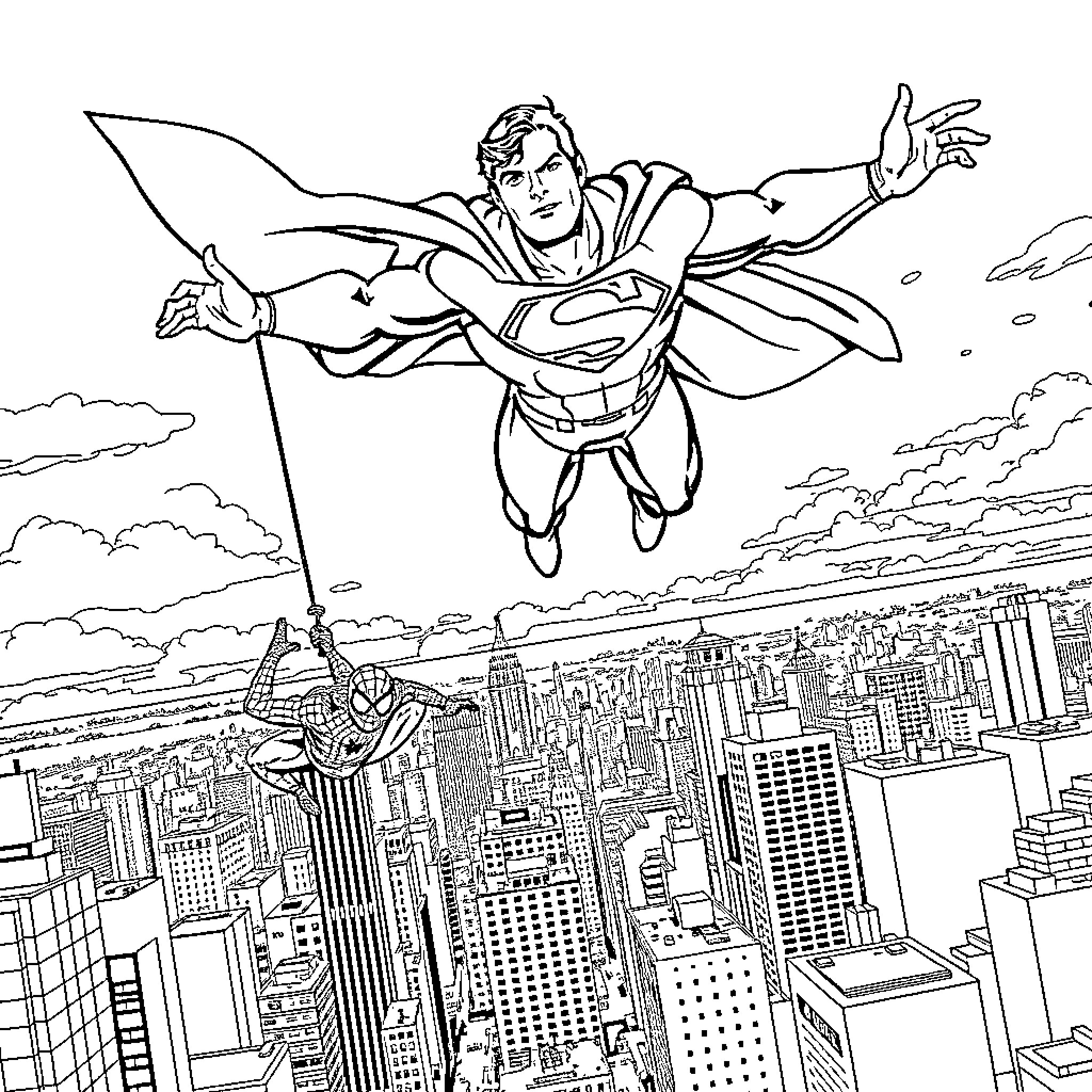 Superman flying heroically over the city skyline Coloring Page (free black-and-white line drawing printable PDF for all, from beginners to advanced learners, including children, teens, adults, and seniors)