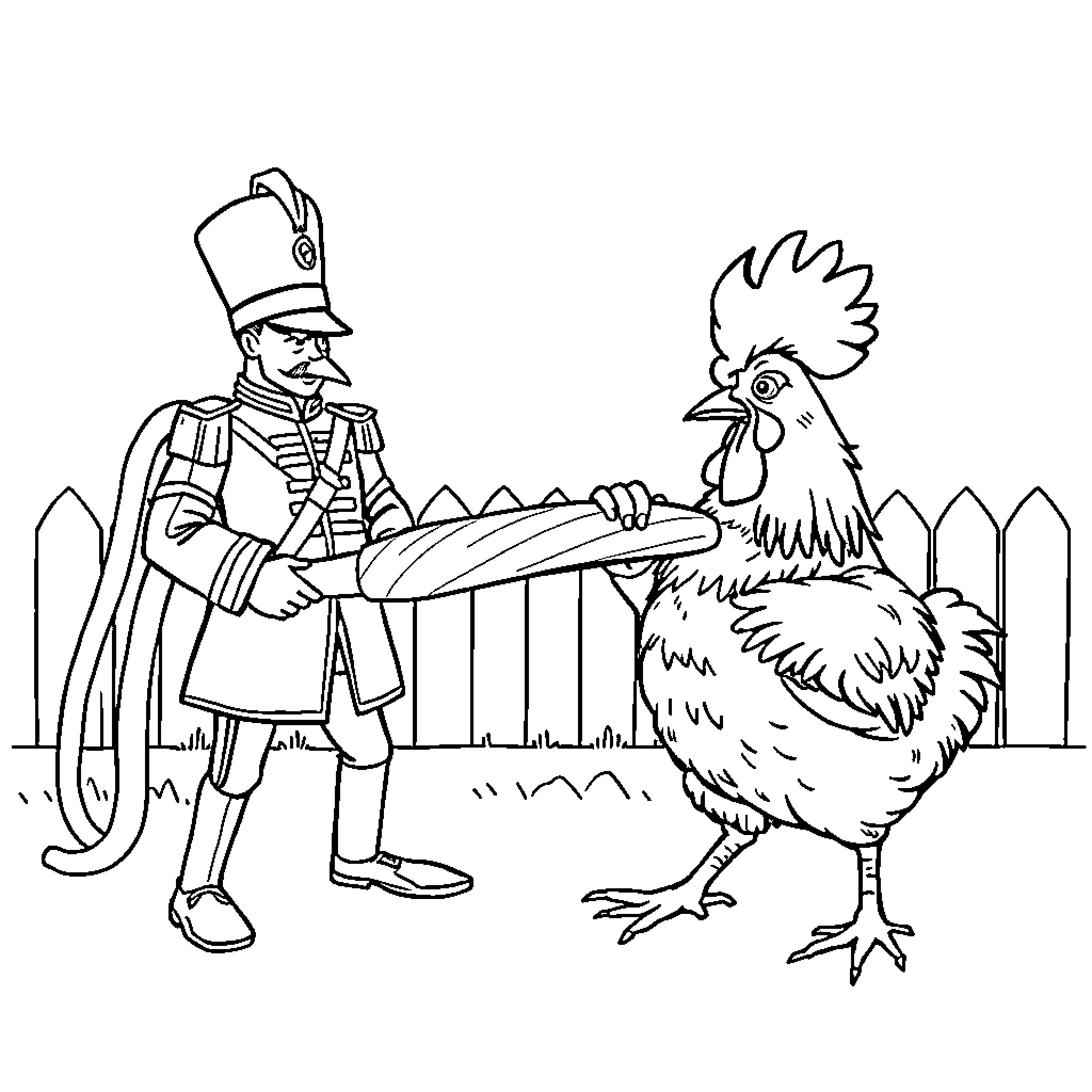 Chicken and Soldier Interacting in Farmyard Coloring Page (free black-and-white line drawing printable PDF for all, from beginners to advanced learners, including children, teens, adults, and seniors)