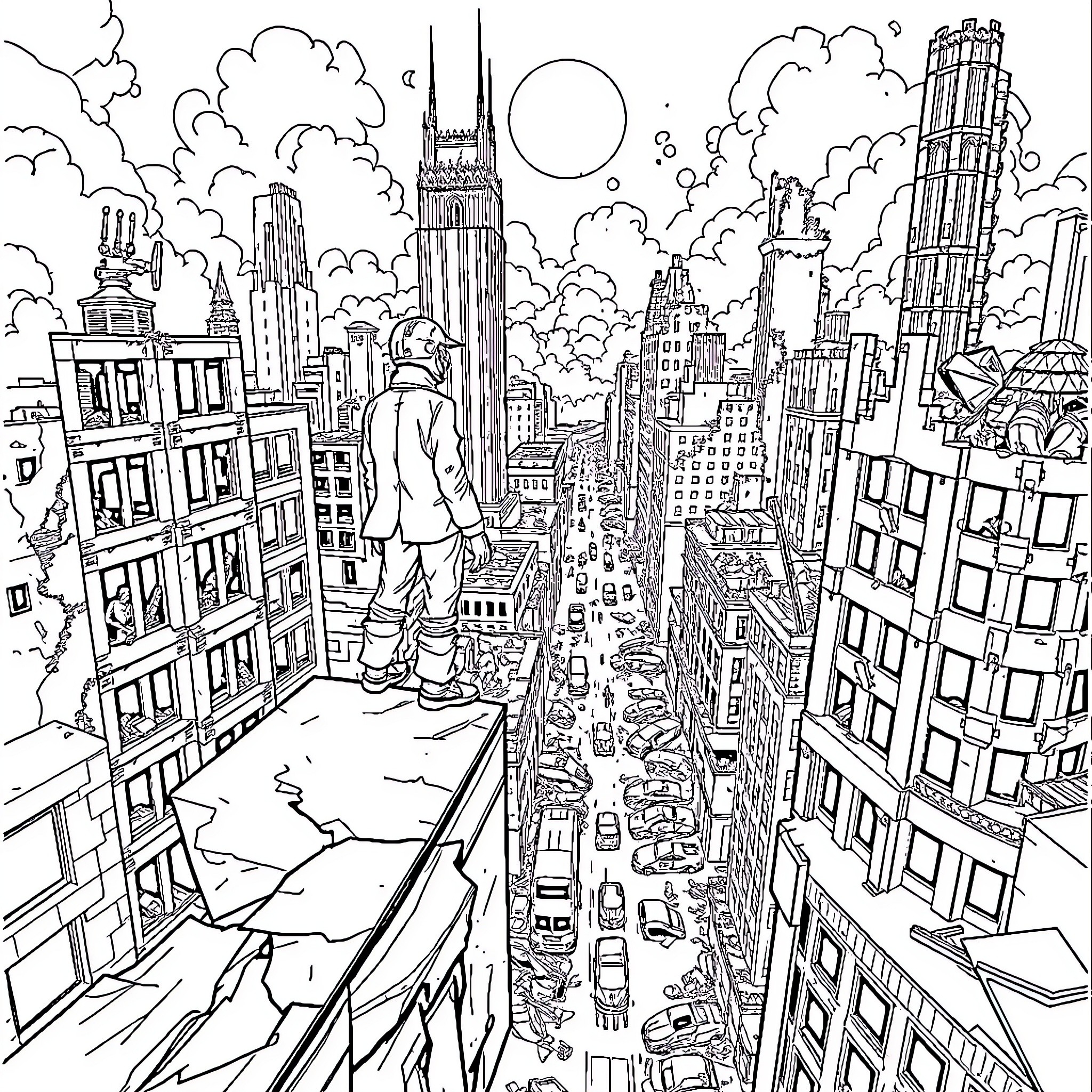 B2 Person overlooking vibrant city skyline Coloring Page (free black-and-white line drawing printable PDF for all, from beginners to advanced learners, including children, teens, adults, and seniors)