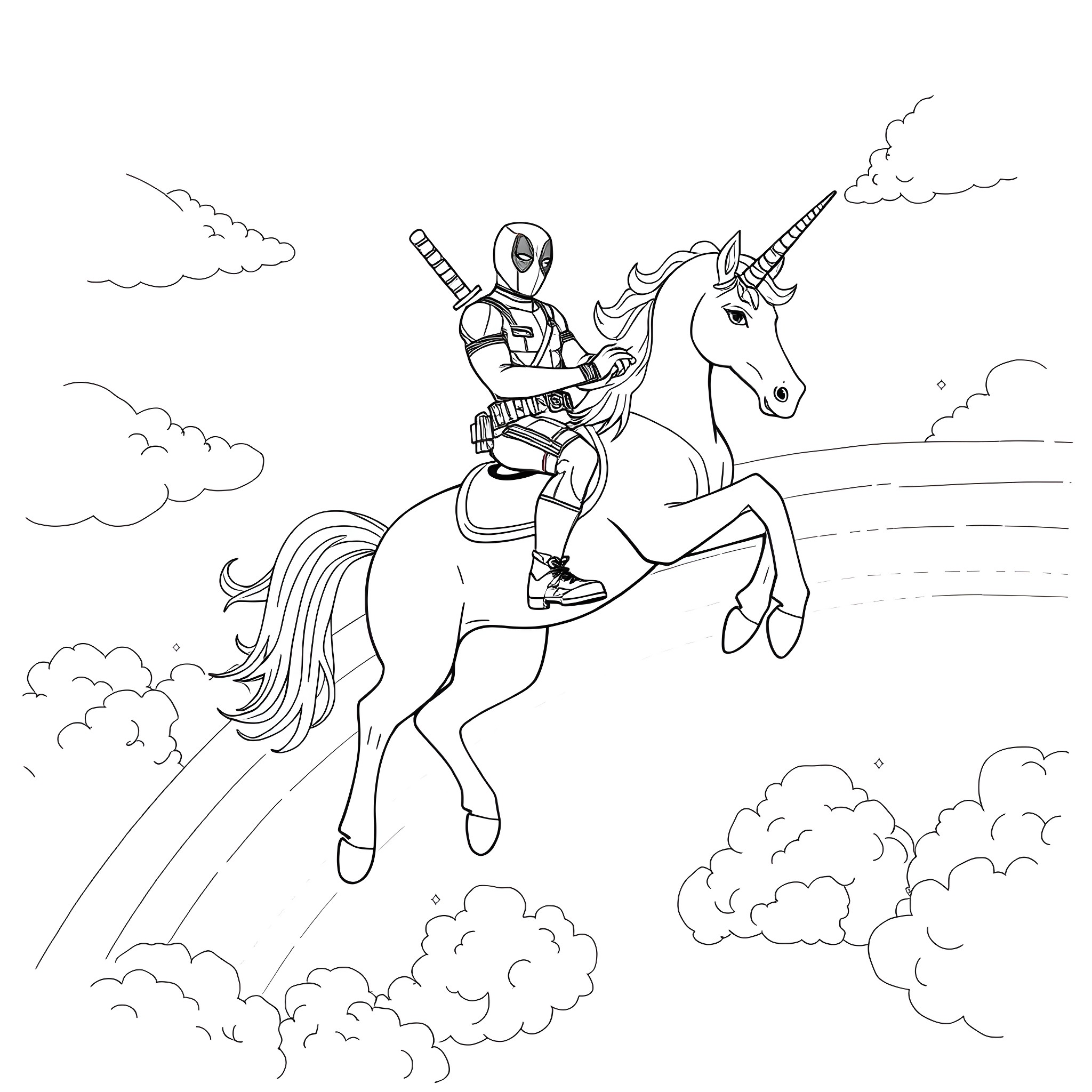 Deadpool riding a unicorn in the clouds Coloring Page (free black-and-white line drawing printable PDF for all, from beginners to advanced learners, including children, teens, adults, and seniors)