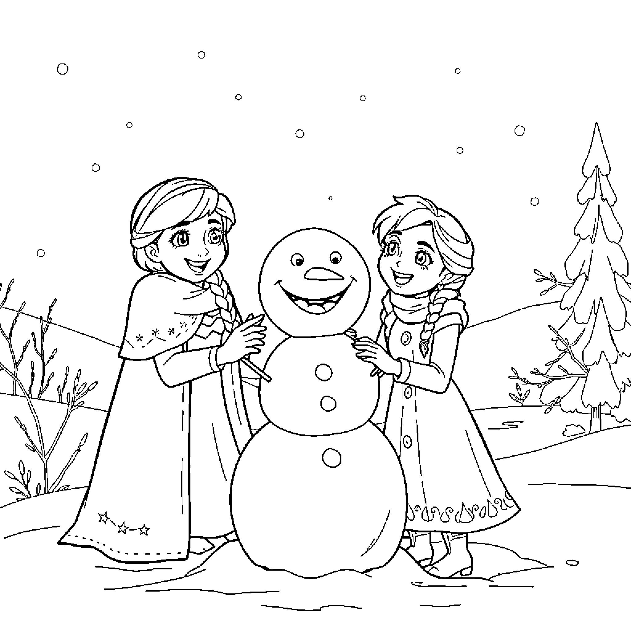 Anna and Elsa Building a Snowman in the Winter Wonderland Coloring Page (free black-and-white line drawing printable PDF for all, from beginners to advanced learners, including children, teens, adults, and seniors)