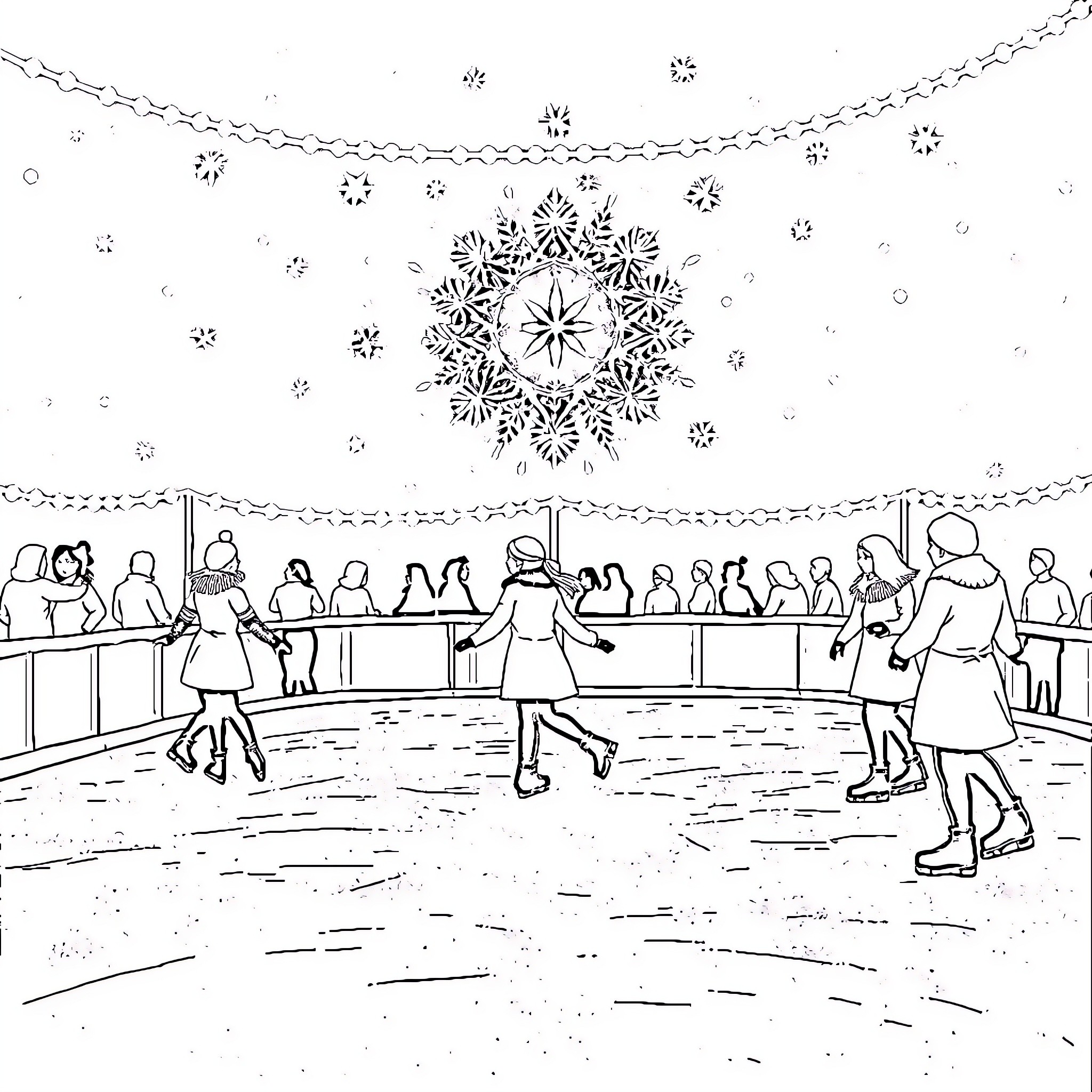 Person ice skating in a winter wonderland Coloring Page (free black-and-white line drawing printable PDF for all, from beginners to advanced learners, including children, teens, adults, and seniors)