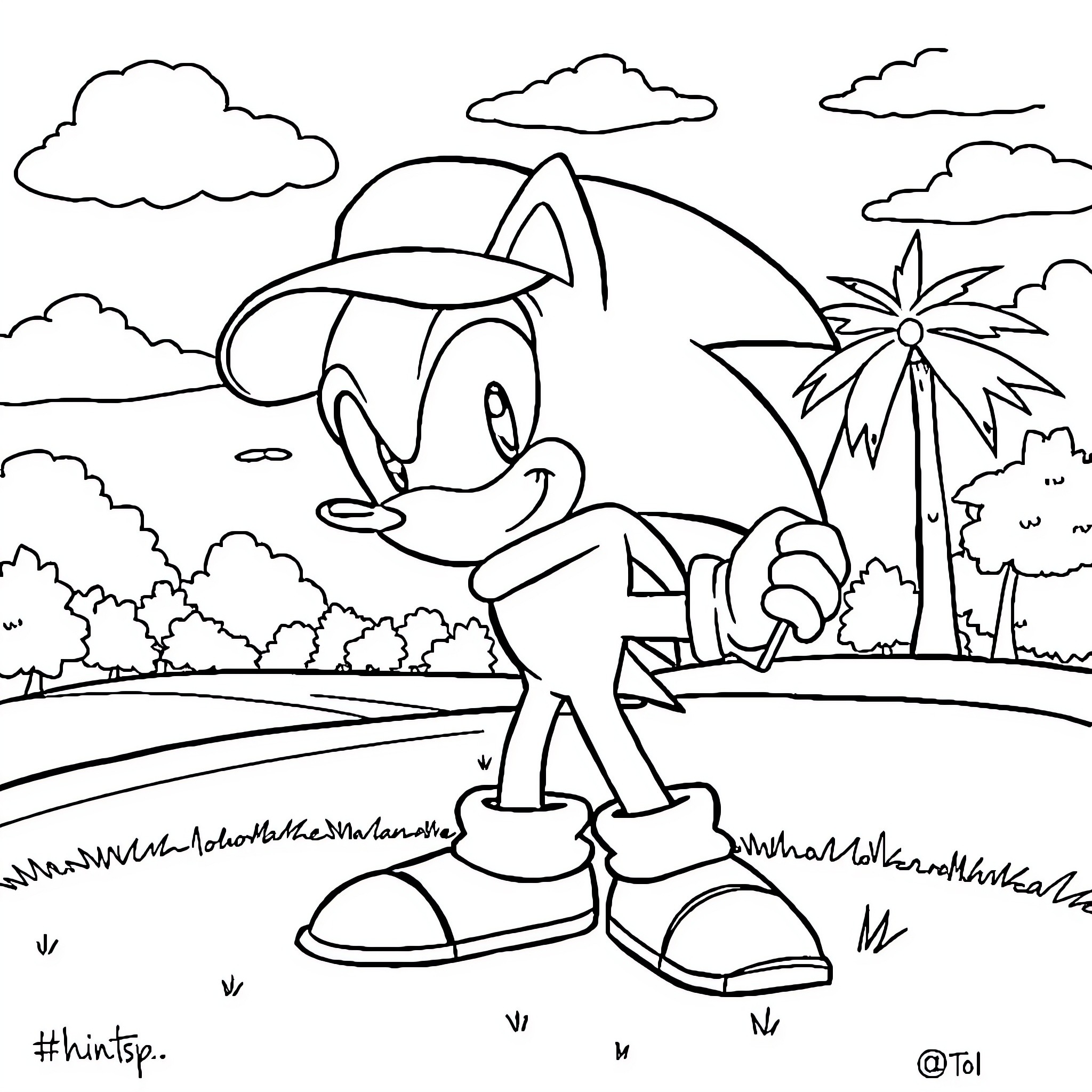 Sonic exploring a vibrant outdoor scene Coloring Page (free black-and-white line drawing printable PDF for all, from beginners to advanced learners, including children, teens, adults, and seniors)