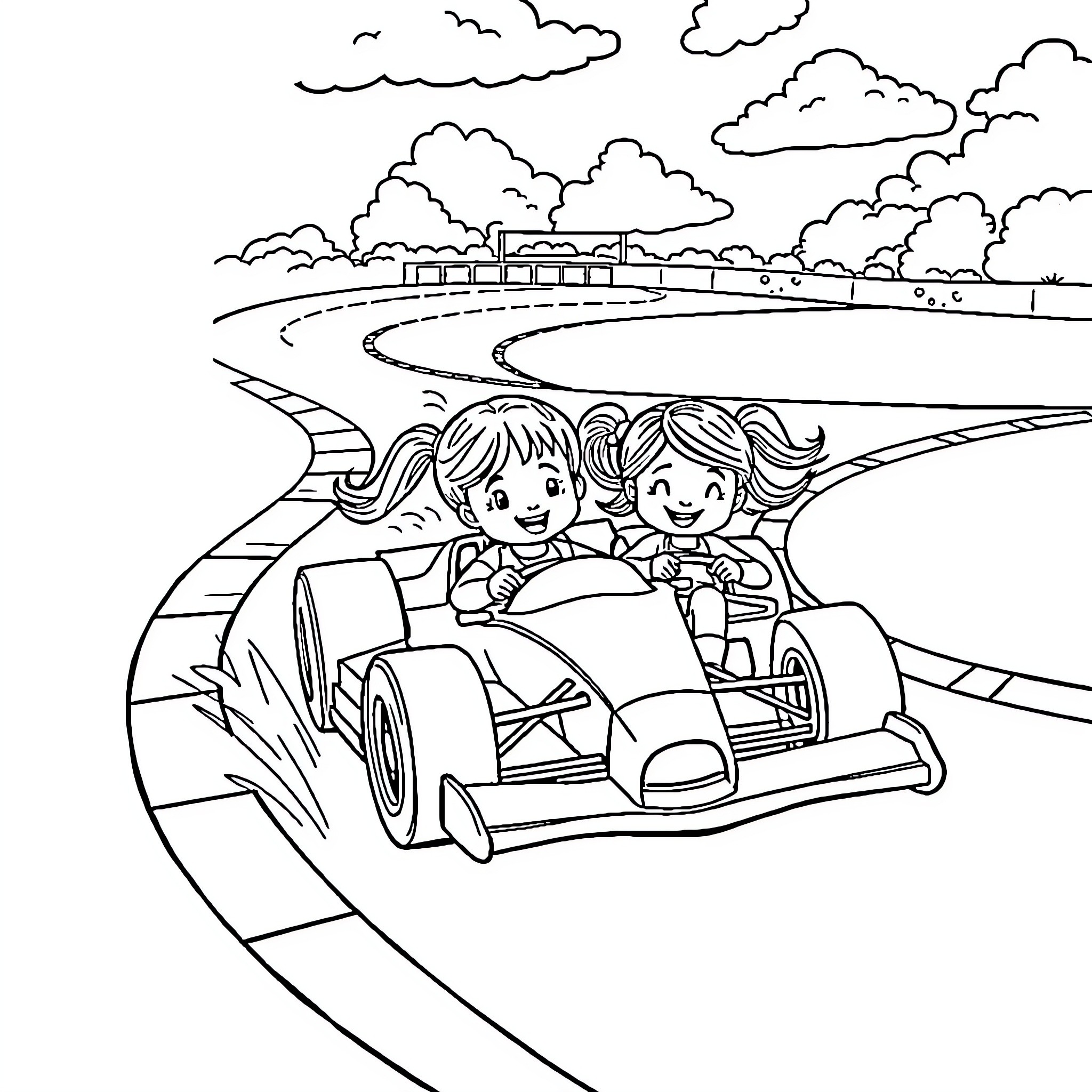 Toddlers enjoying a ride in a racing car Coloring Page (free black-and-white line drawing printable PDF for all, from beginners to advanced learners, including children, teens, adults, and seniors)
