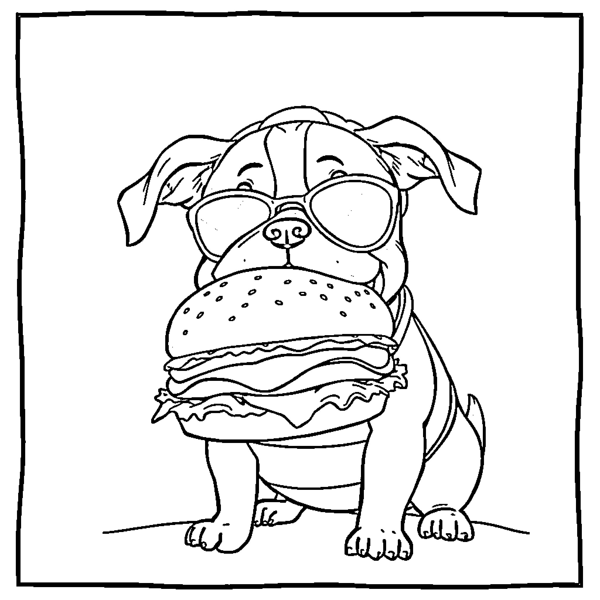 Dog Enjoying a Tasty Burger Coloring Page (free black-and-white line drawing printable PDF for all, from beginners to advanced learners, including children, teens, adults, and seniors)