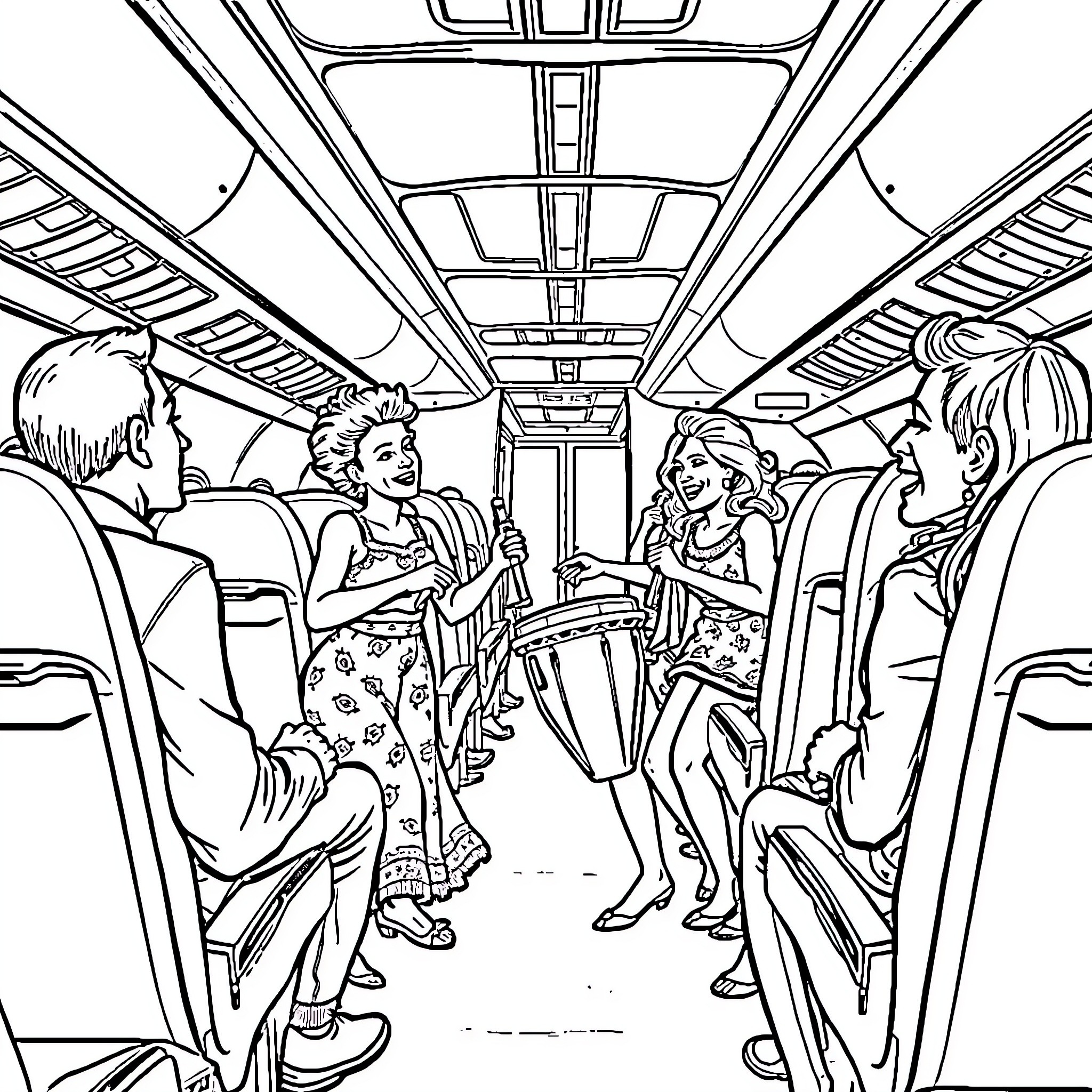 Airplane passengers enjoying casual conversation Coloring Page (free black-and-white line drawing printable PDF for all, from beginners to advanced learners, including children, teens, adults, and seniors)