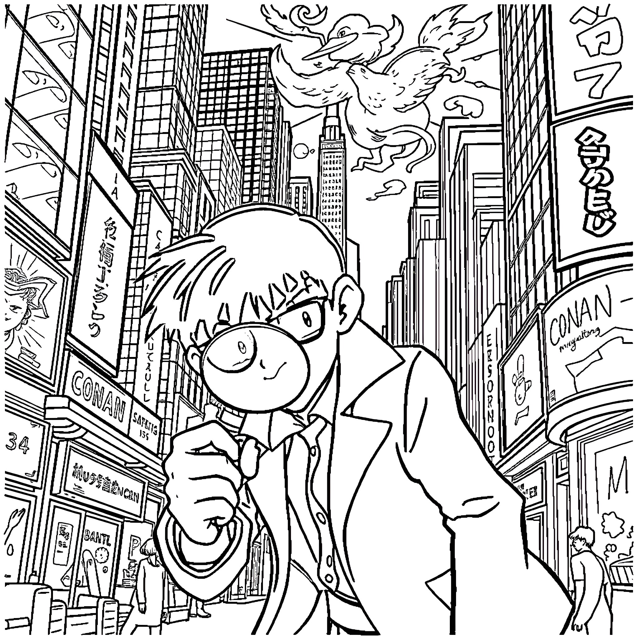 Detective Conan Investigates a Cityscape Mystery Coloring Page (free black-and-white line drawing printable PDF for all, from beginners to advanced learners, including children, teens, adults, and seniors)