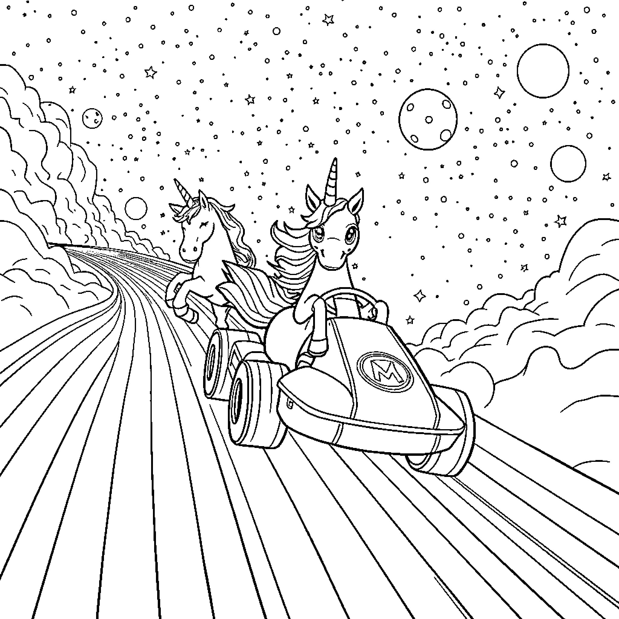 Unicorns racing through the cosmic sky Coloring Page (free black-and-white line drawing printable PDF for all, from beginners to advanced learners, including children, teens, adults, and seniors)