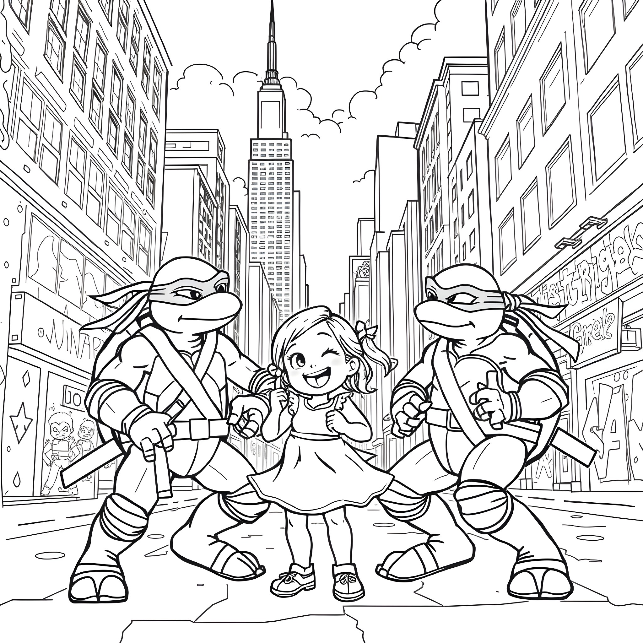 Ninja Turtle Heroes in the City Coloring Page (free black-and-white line drawing printable PDF for all, from beginners to advanced learners, including children, teens, adults, and seniors)