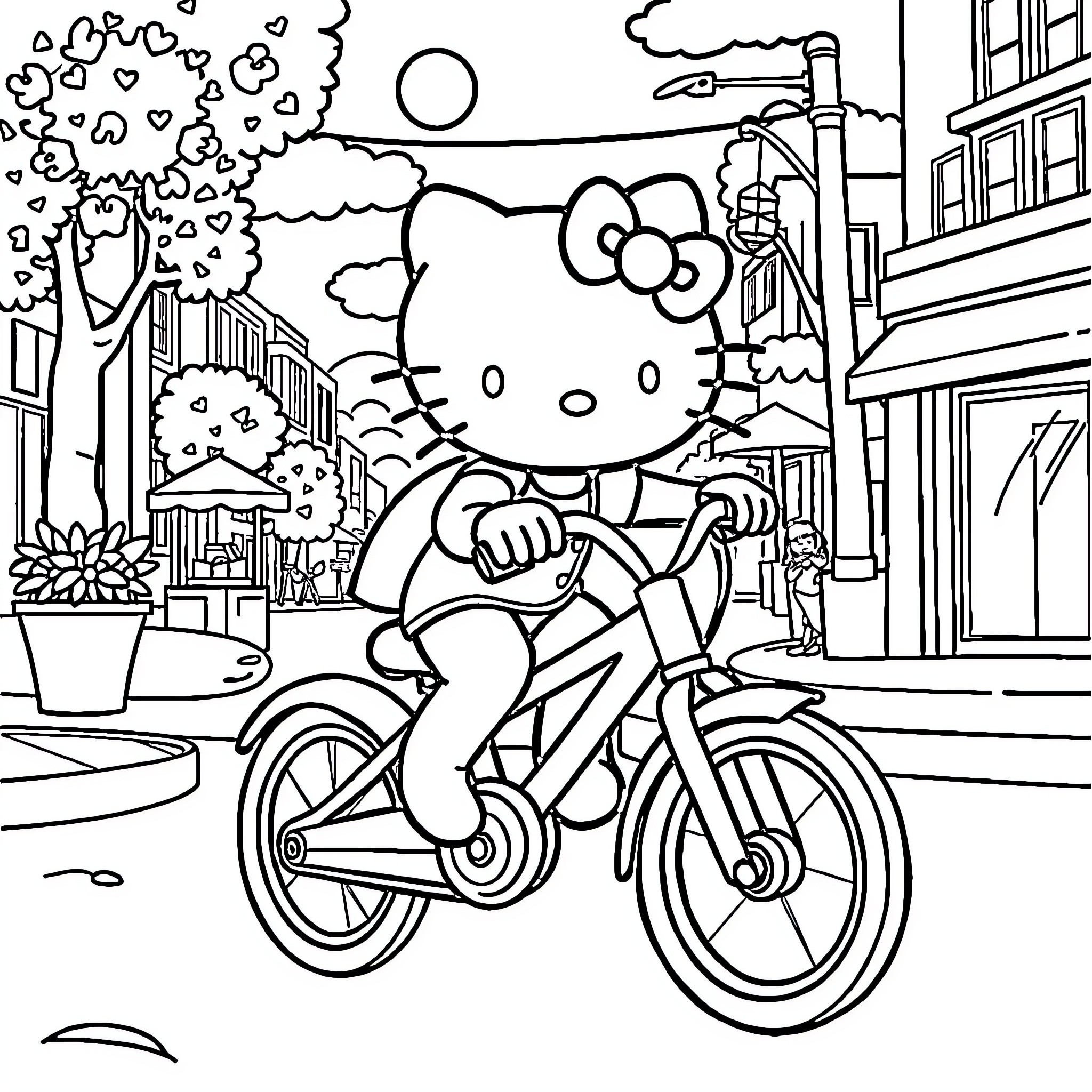 Hello Kitty riding a bicycle in the city Coloring Page (free black-and-white line drawing printable PDF for all, from beginners to advanced learners, including children, teens, adults, and seniors)
