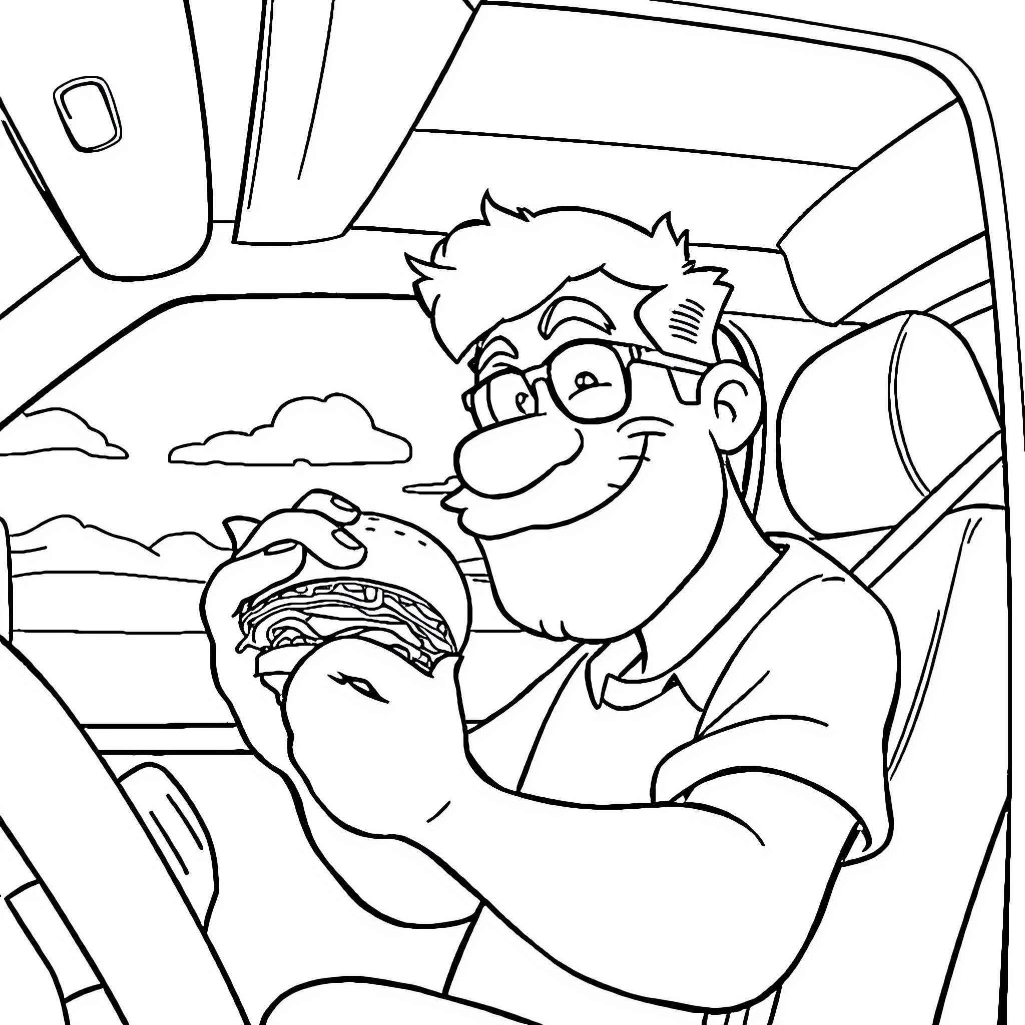Water driver taking a break in the car Coloring Page (free black-and-white line drawing printable PDF for all, from beginners to advanced learners, including children, teens, adults, and seniors)