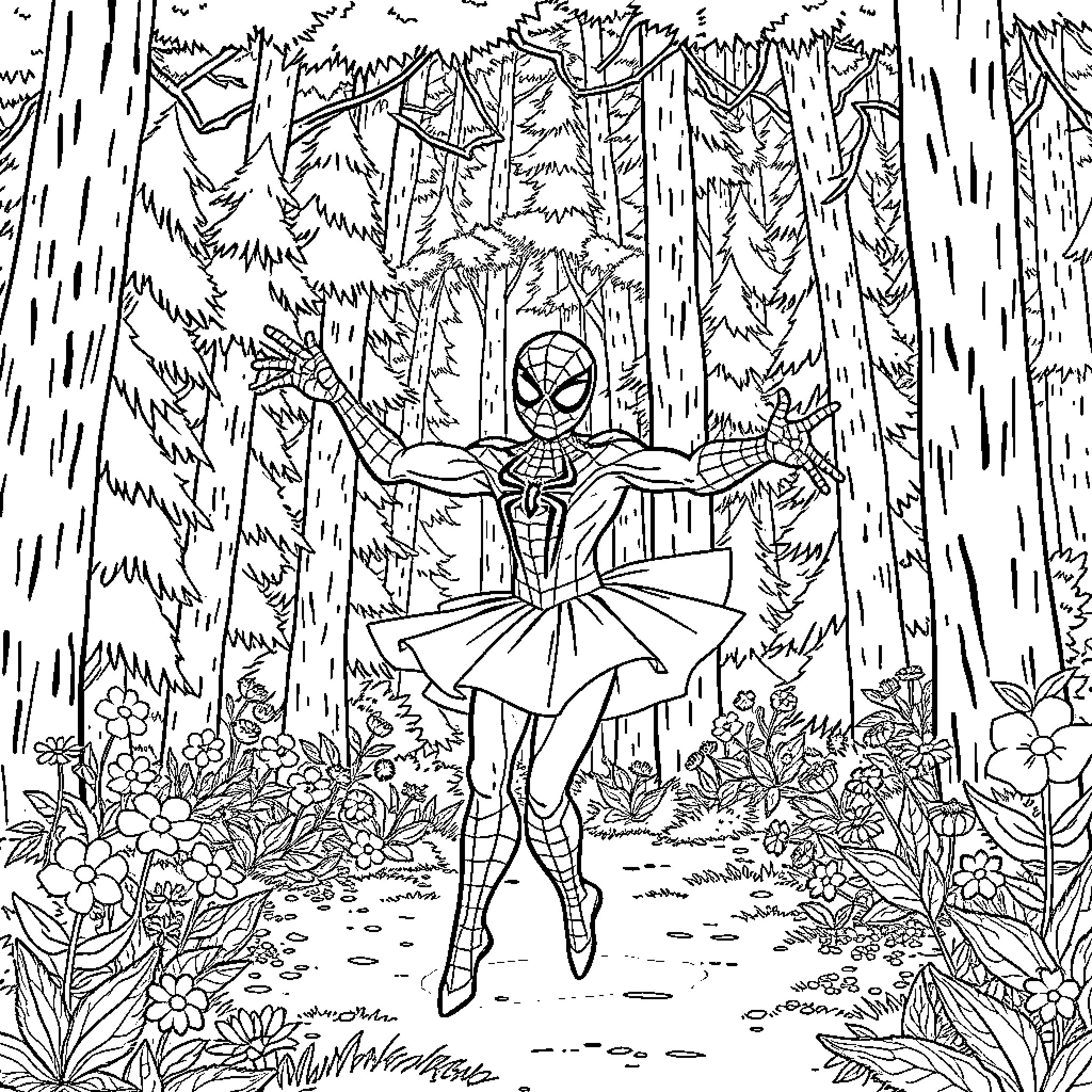 Spiderman dances gracefully in the forest Coloring Page (free black-and-white line drawing printable PDF for all, from beginners to advanced learners, including children, teens, adults, and seniors)