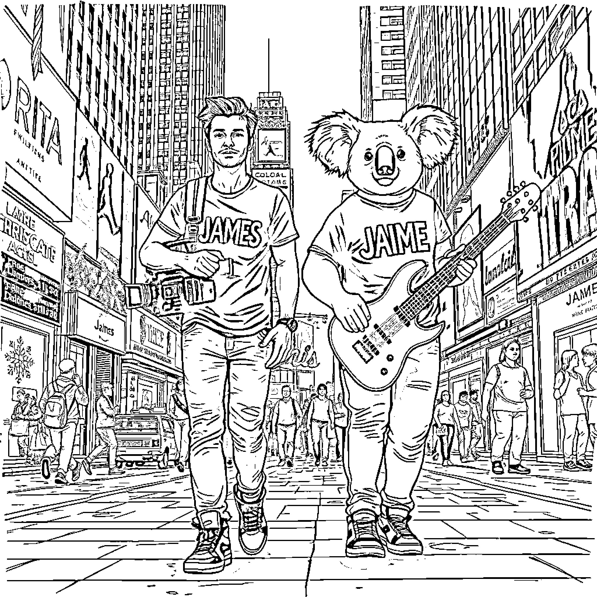 Koala musicians performing on city street Coloring Page (free black-and-white line drawing printable PDF for all, from beginners to advanced learners, including children, teens, adults, and seniors)
