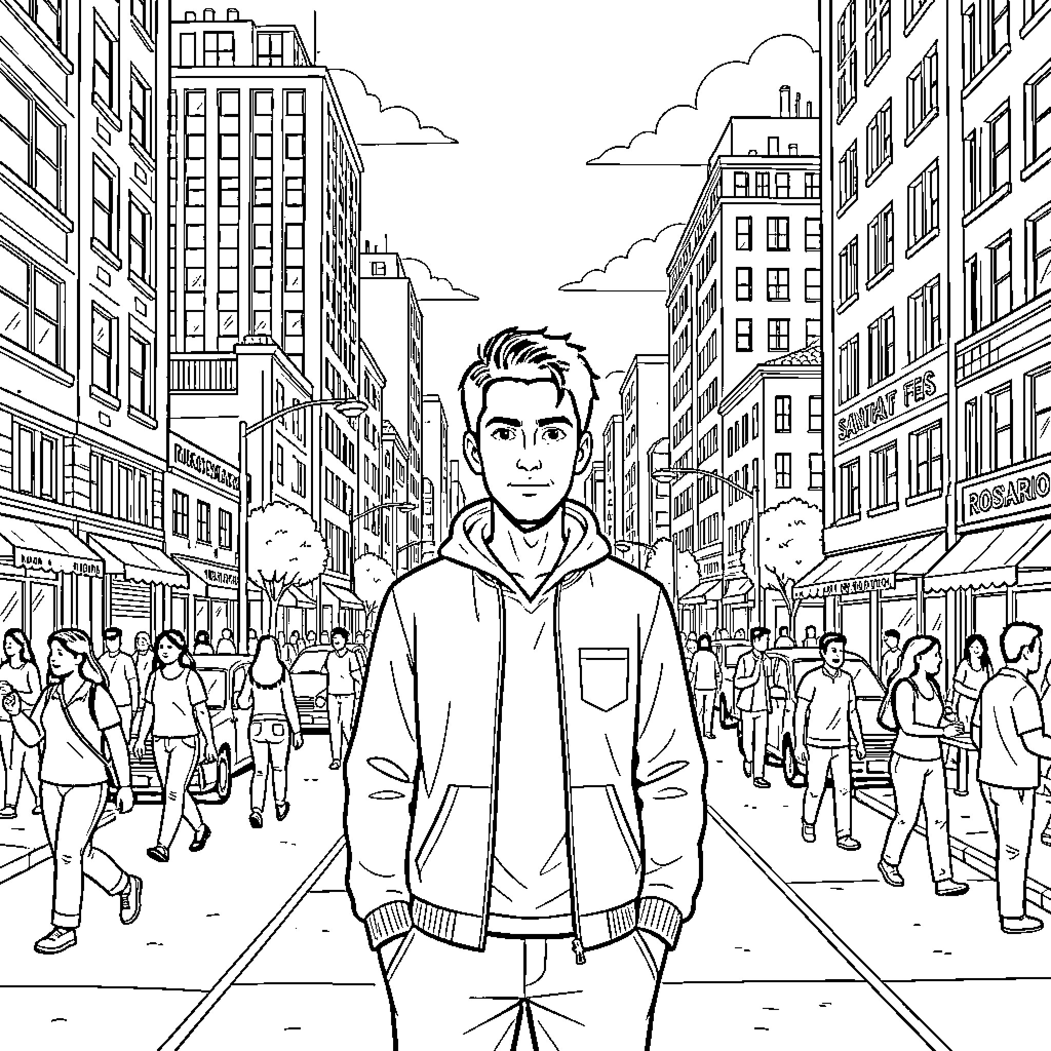 John Doe standing calmly on a busy city street Coloring Page (free black-and-white line drawing printable PDF for all, from beginners to advanced learners, including children, teens, adults, and seniors)