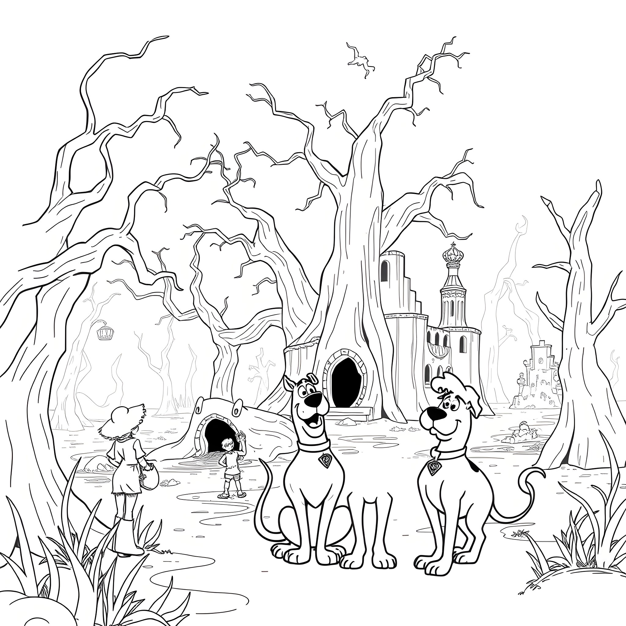 Scooby Doo and friends exploring a haunted forest Coloring Page (free black-and-white line drawing printable PDF for all, from beginners to advanced learners, including children, teens, adults, and seniors)