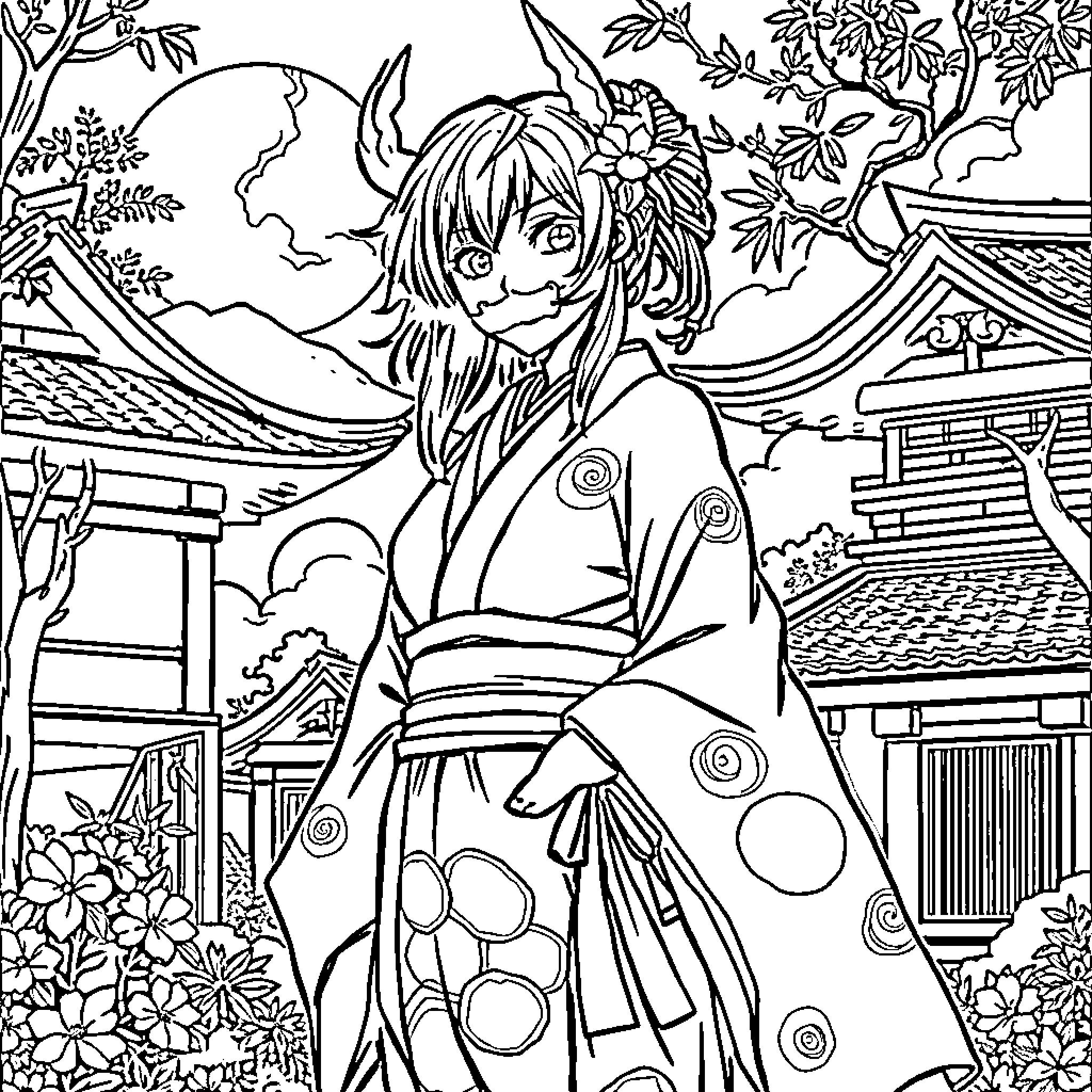 Nesuko's Whimsical Adventure in the Japanese Village Coloring Page (free black-and-white line drawing printable PDF for all, from beginners to advanced learners, including children, teens, adults, and seniors)