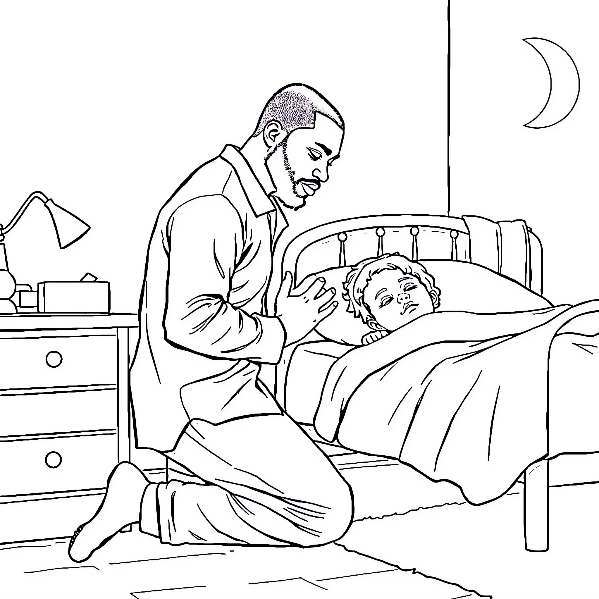 Dad comforting sick child in bed Coloring Page (free black-and-white line drawing printable PDF for all, from beginners to advanced learners, including children, teens, adults, and seniors)