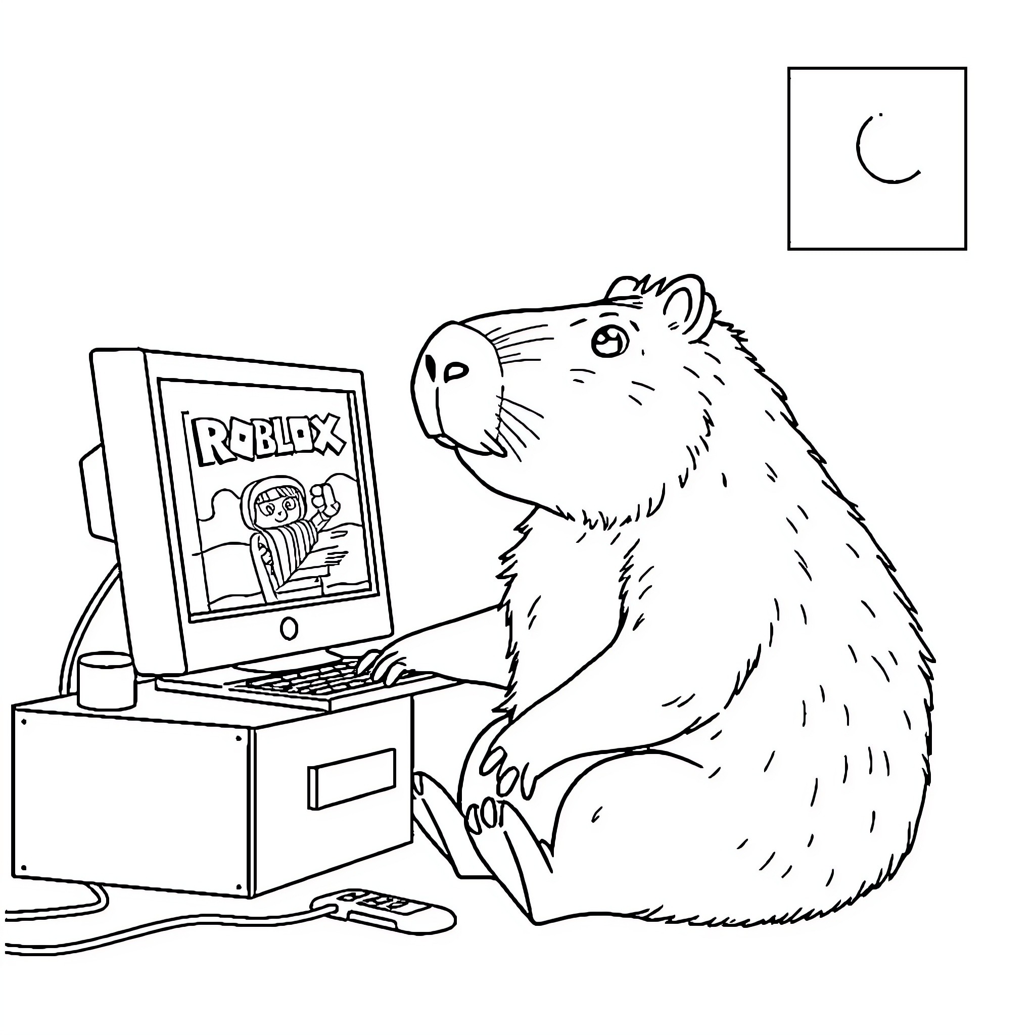 Capybara relaxing while using a computer Coloring Page (free black-and-white line drawing printable PDF for all, from beginners to advanced learners, including children, teens, adults, and seniors)