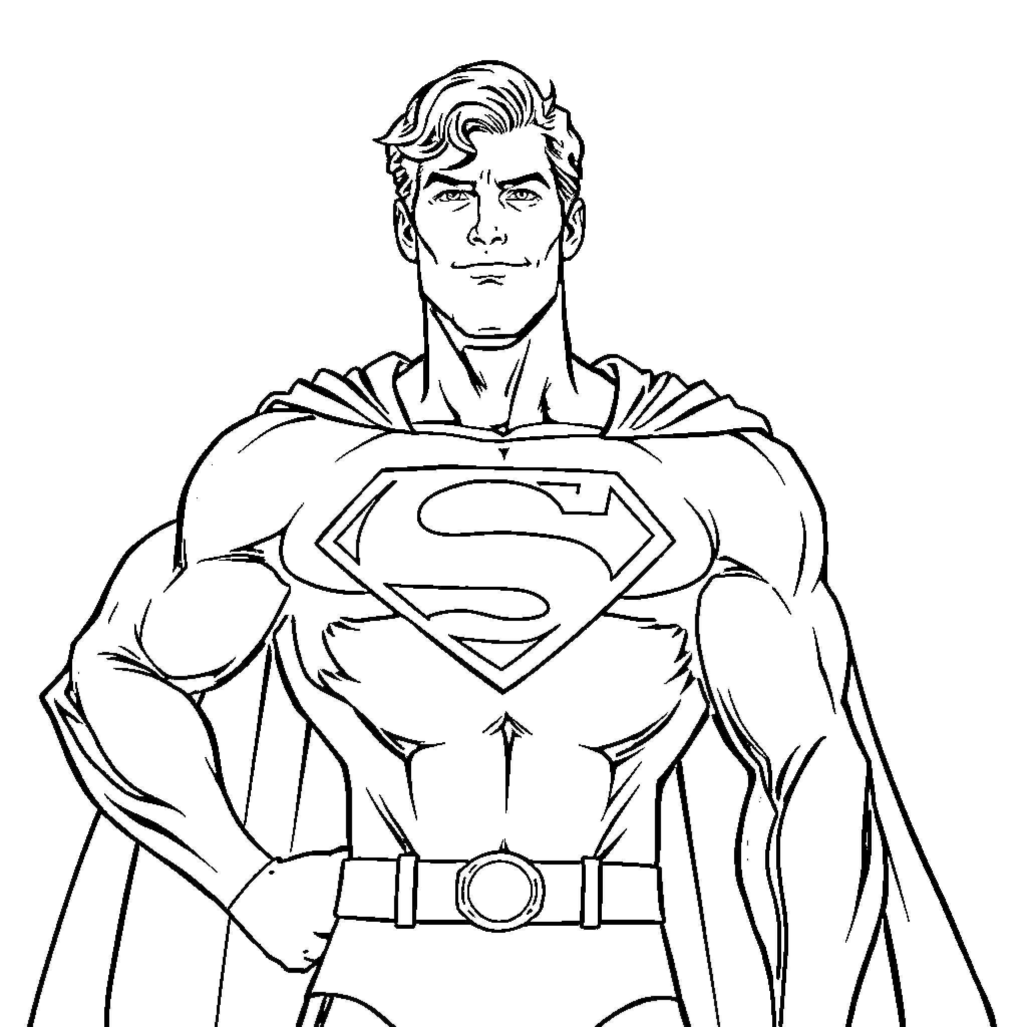 Superman in heroic pose with iconic costume Coloring Page (free black-and-white line drawing printable PDF for all, from beginners to advanced learners, including children, teens, adults, and seniors)