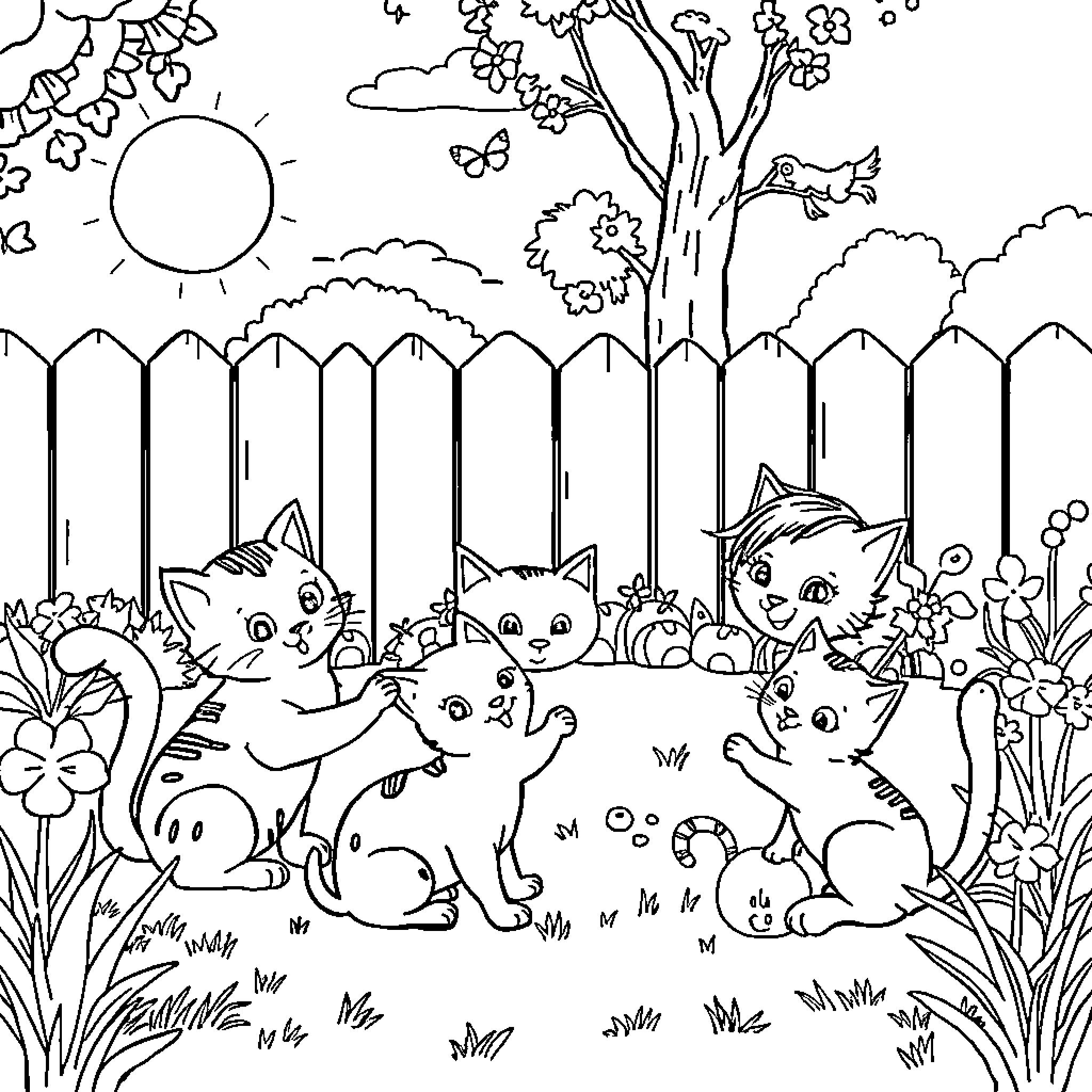 Cat Kittens Playing in the Yard Coloring Page (free black-and-white line drawing printable PDF for all, from beginners to advanced learners, including children, teens, adults, and seniors)