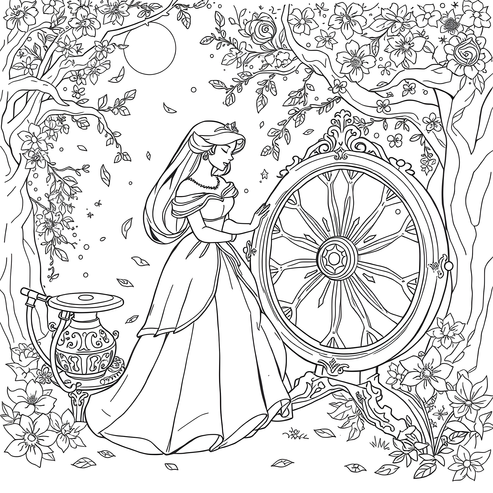 Sleeping Beauty resting with woodland surroundings Coloring Page (free black-and-white line drawing printable PDF for all, from beginners to advanced learners, including children, teens, adults, and seniors)