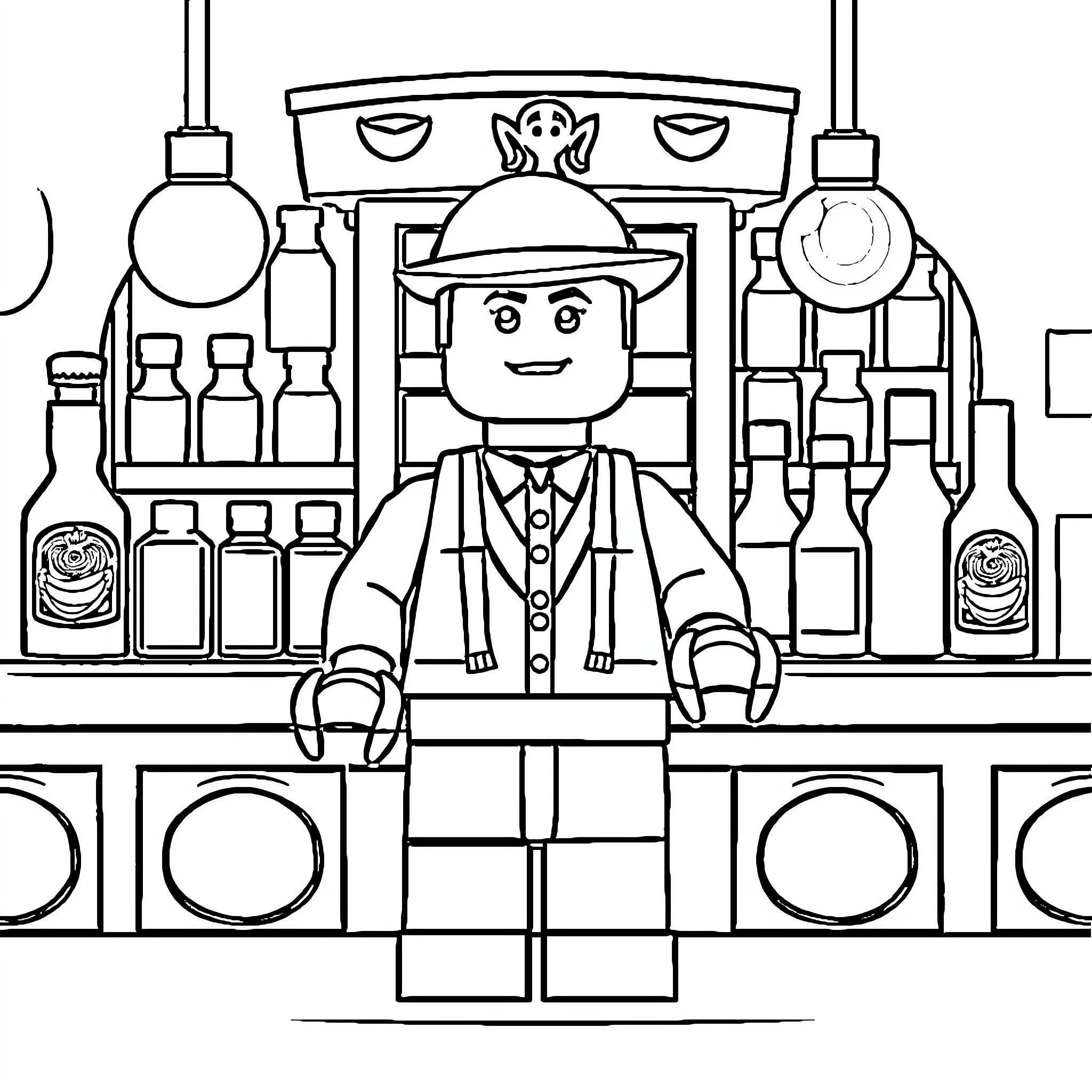 Barman preparing drinks in a vibrant bar setting Coloring Page (free black-and-white line drawing printable PDF for all, from beginners to advanced learners, including children, teens, adults, and seniors)