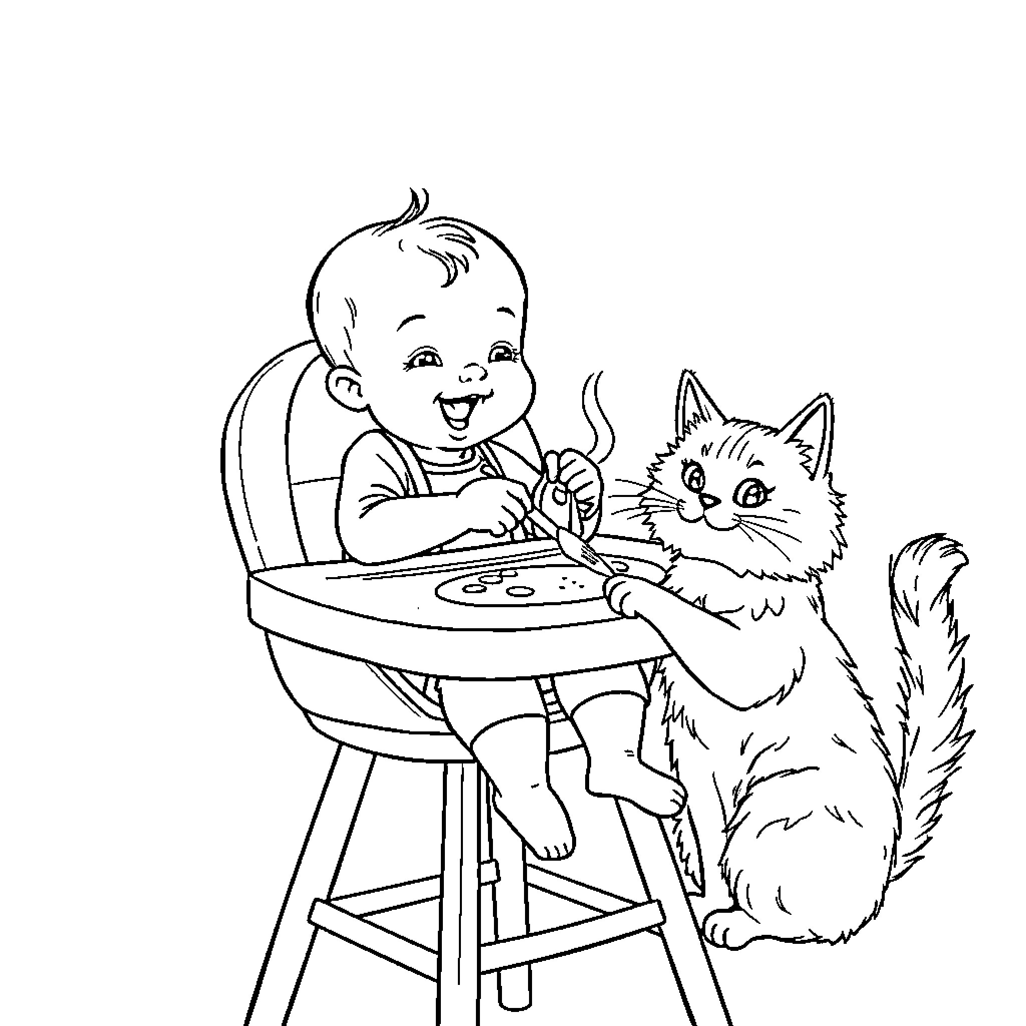 Baby playing happily with a cat in a high chair Coloring Page (free black-and-white line drawing printable PDF for all, from beginners to advanced learners, including children, teens, adults, and seniors)