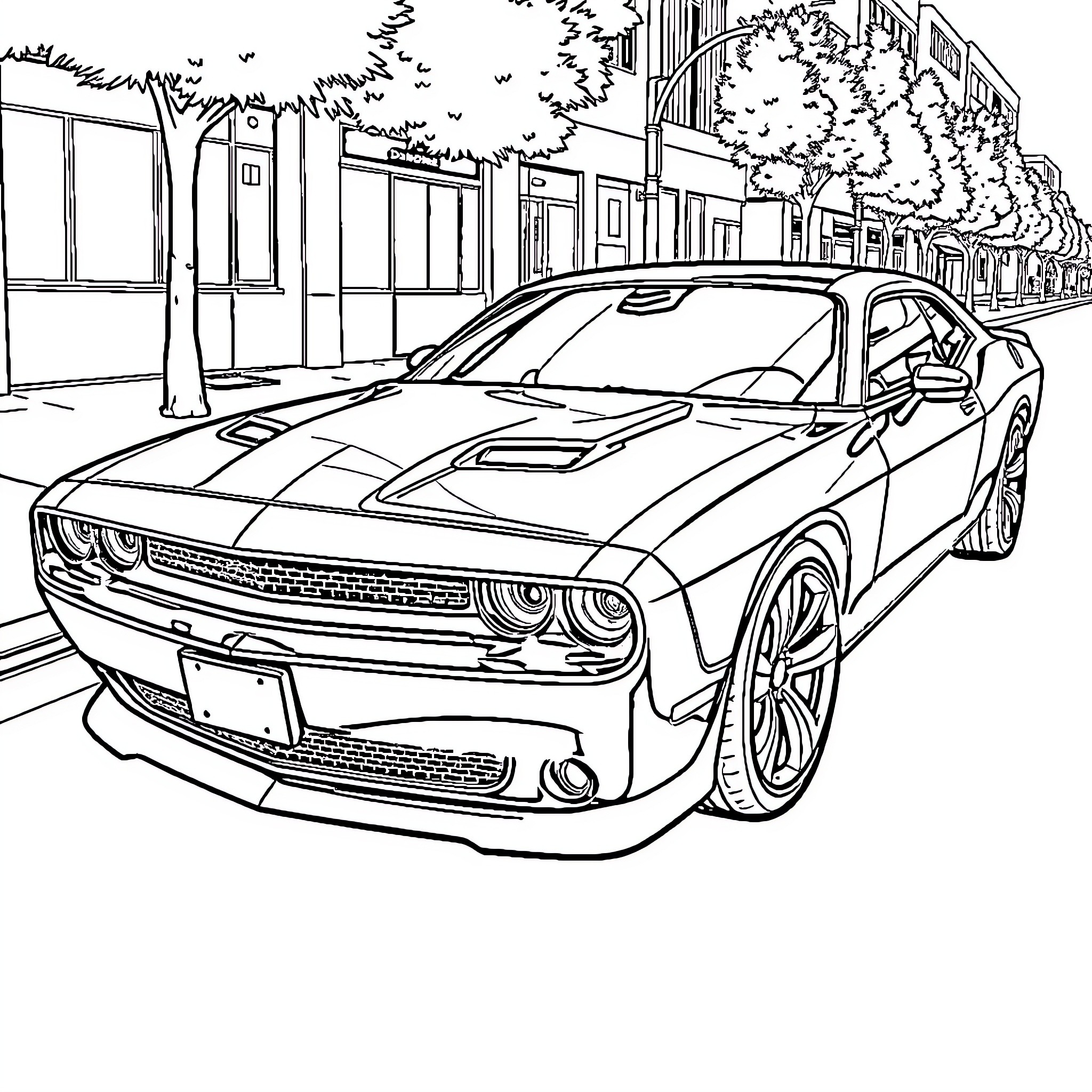 Dodge Challenger parked on a city street Coloring Page (free black-and-white line drawing printable PDF for all, from beginners to advanced learners, including children, teens, adults, and seniors)