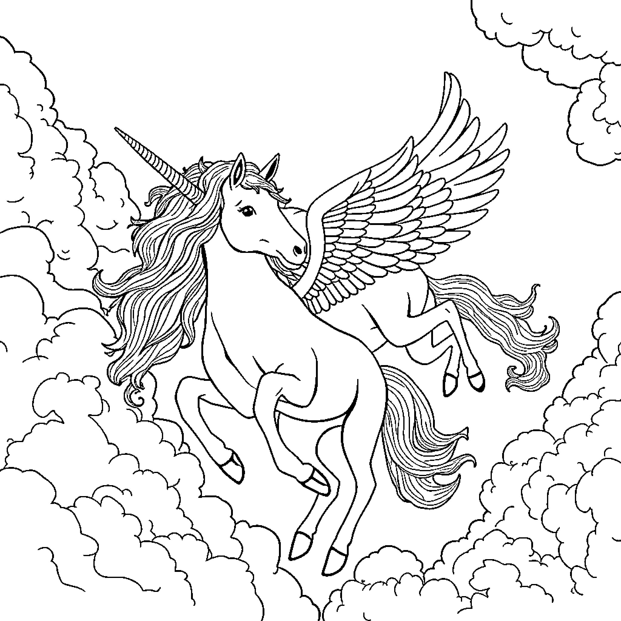 Unicorn soaring through the clouds with wings Coloring Page (free black-and-white line drawing printable PDF for all, from beginners to advanced learners, including children, teens, adults, and seniors)
