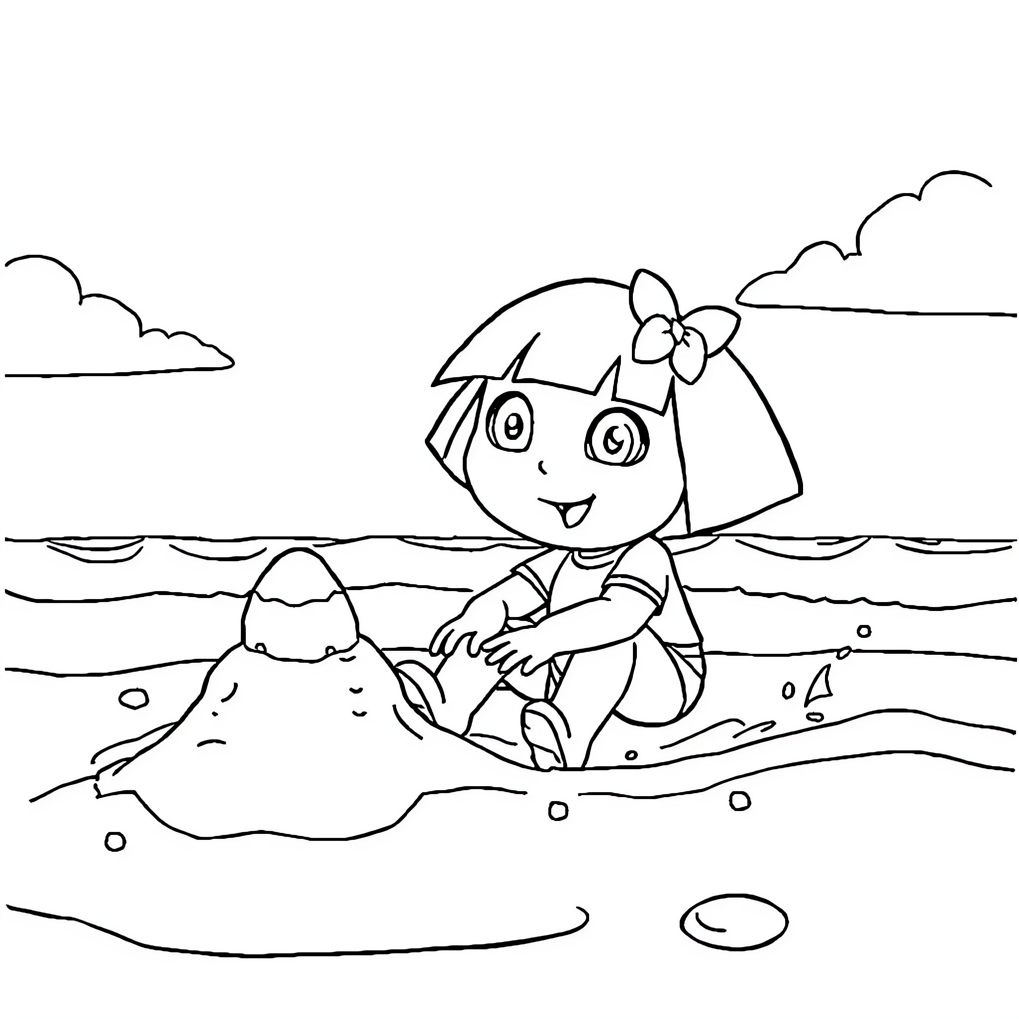 Dora playing happily at the beach Coloring Page (free black-and-white line drawing printable PDF for all, from beginners to advanced learners, including children, teens, adults, and seniors)