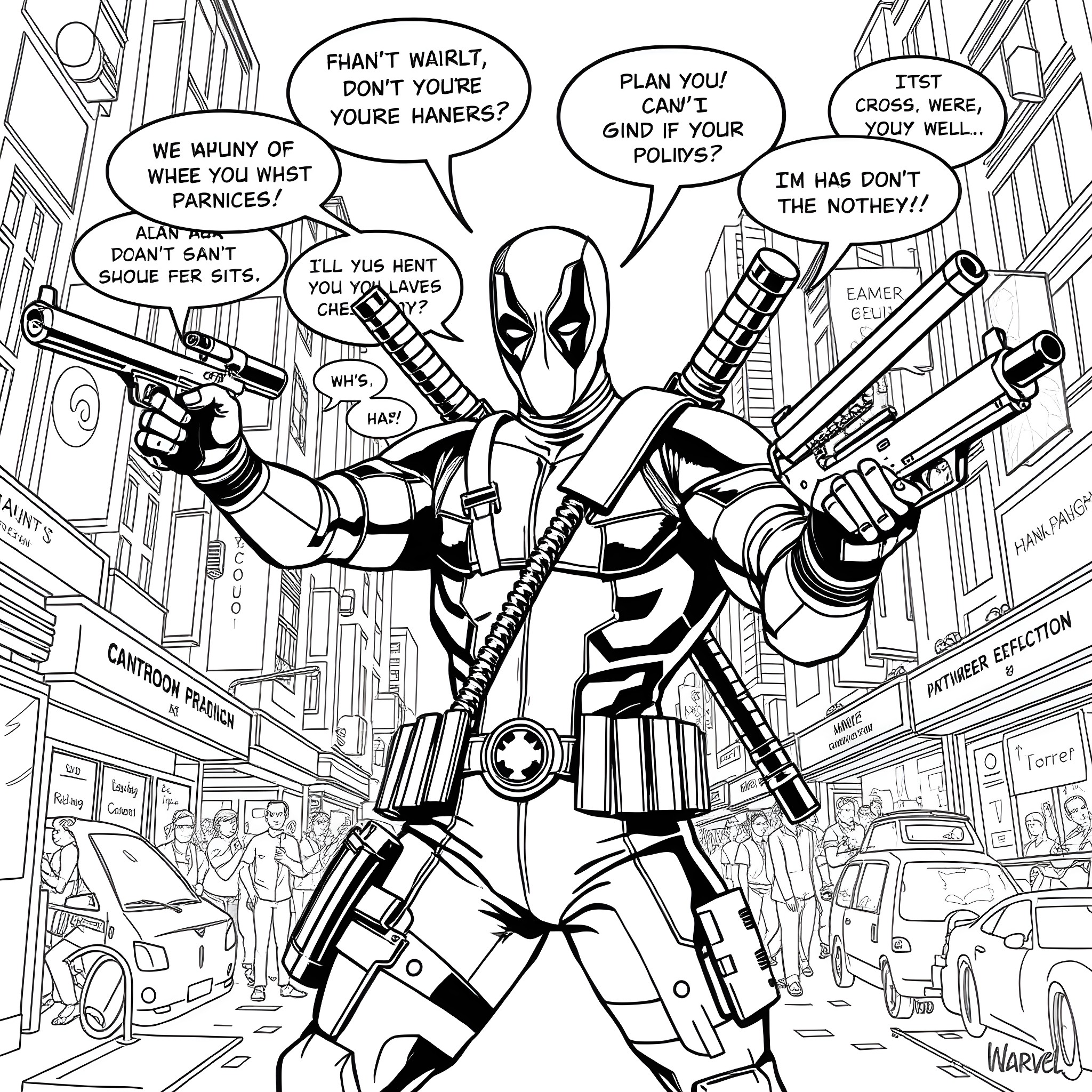 Deadpool's Chaotic Antics in the City Coloring Page (free black-and-white line drawing printable PDF for all, from beginners to advanced learners, including children, teens, adults, and seniors)