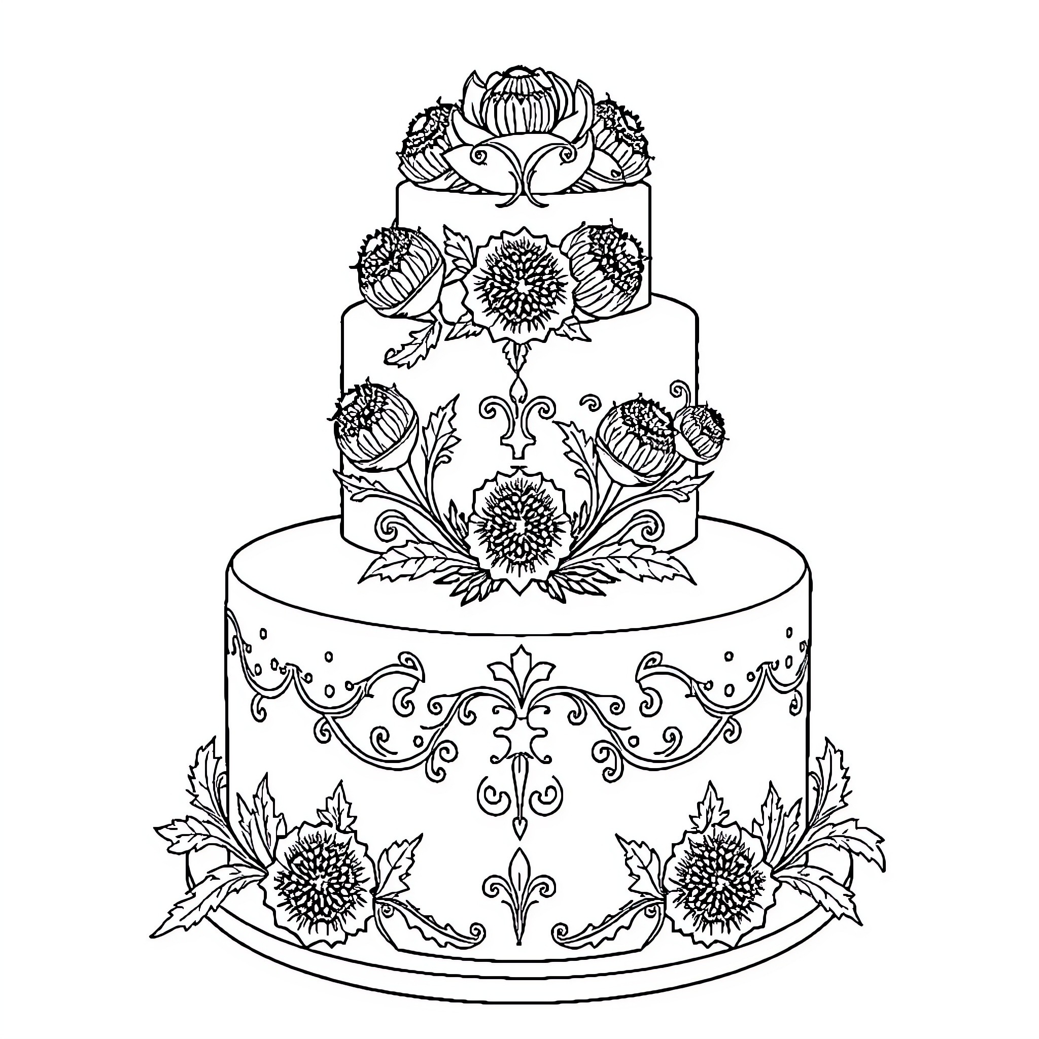 Wedding Cake with Ornate Floral Decorations Coloring Page (free black-and-white line drawing printable PDF for all, from beginners to advanced learners, including children, teens, adults, and seniors)