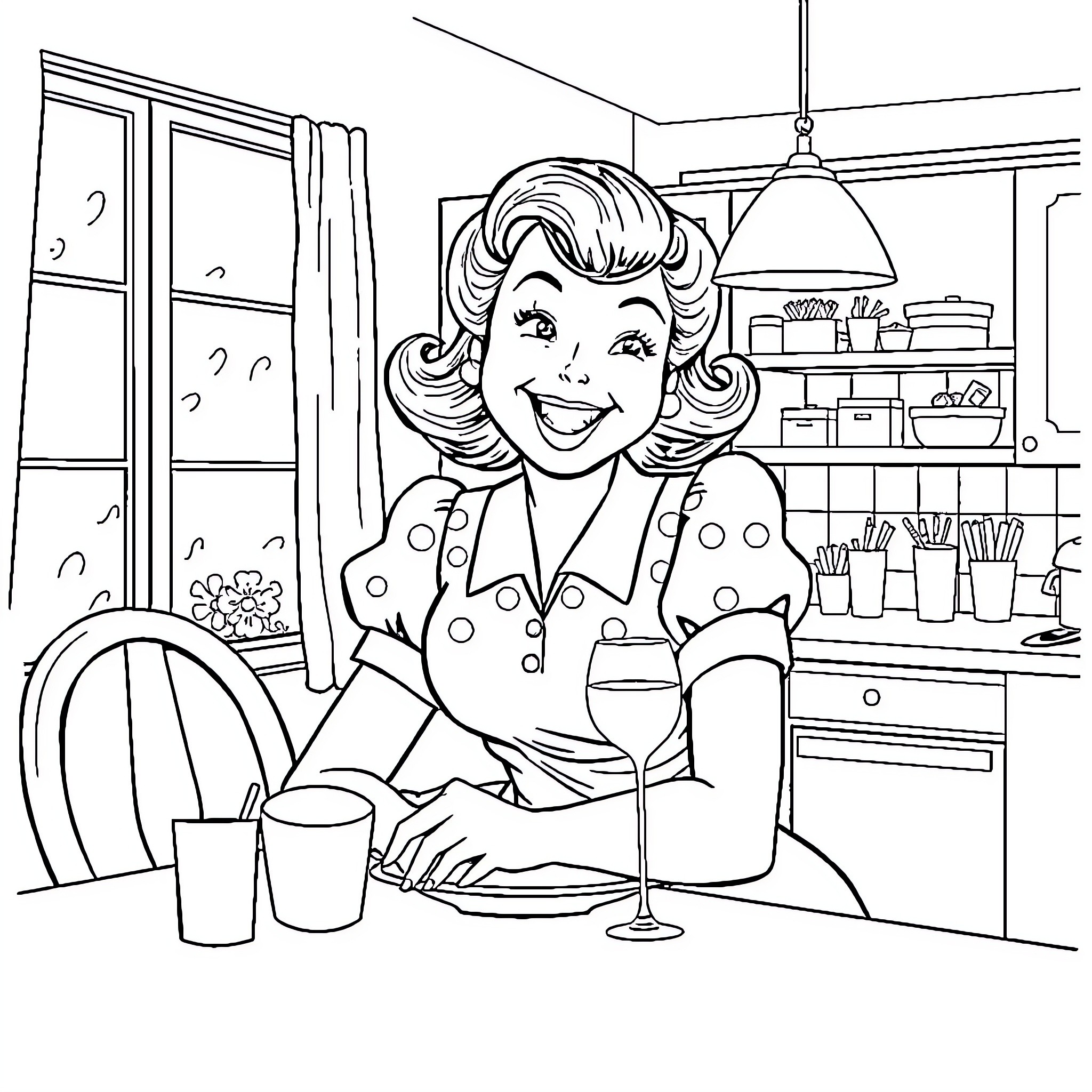 Housewife Happily Cooking in the Kitchen Coloring Page (free black-and-white line drawing printable PDF for all, from beginners to advanced learners, including children, teens, adults, and seniors)