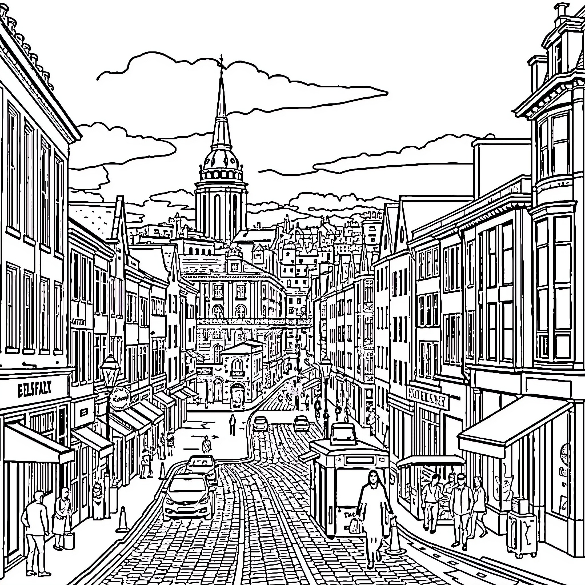 Belfast cityscape with iconic architecture and bustling streets Coloring Page (free black-and-white line drawing printable PDF for all, from beginners to advanced learners, including children, teens, adults, and seniors)