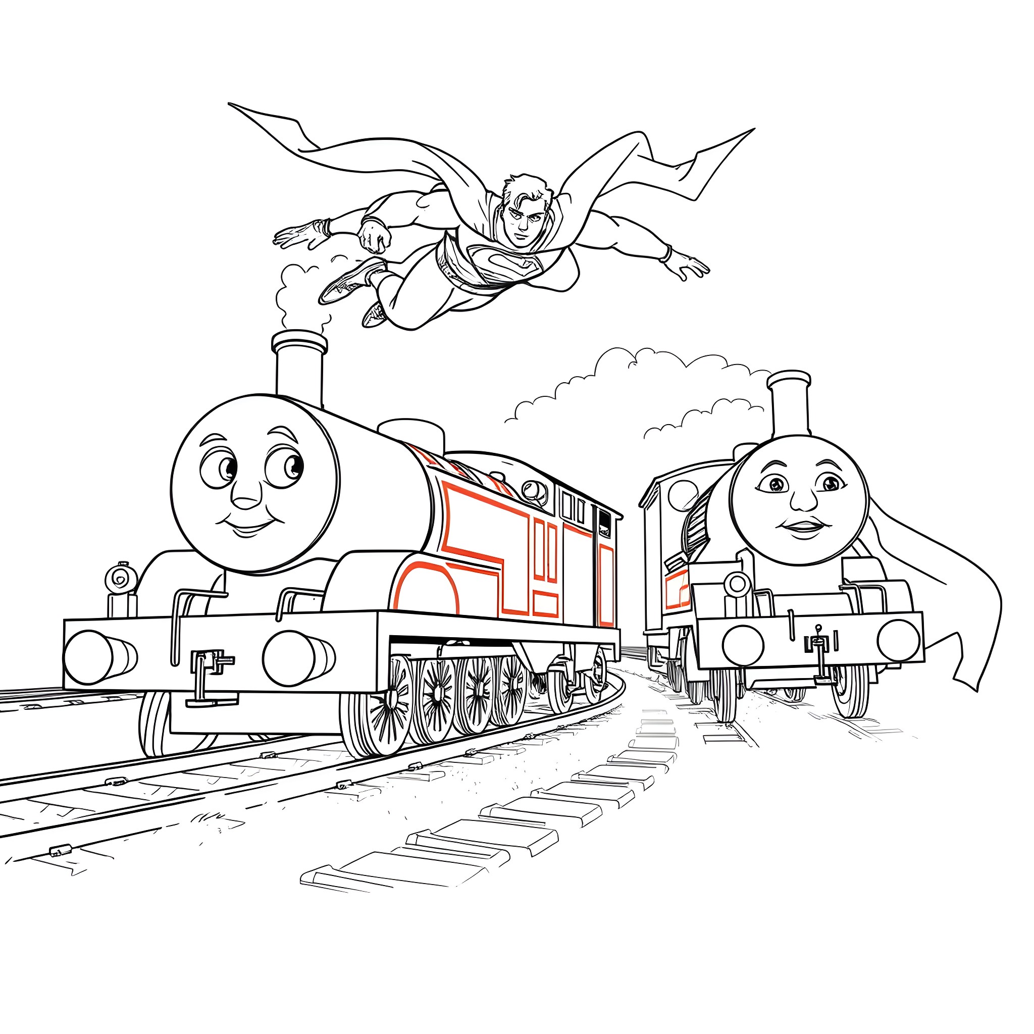 Thomas and Friends Save the Day Coloring Page (free black-and-white line drawing printable PDF for all, from beginners to advanced learners, including children, teens, adults, and seniors)