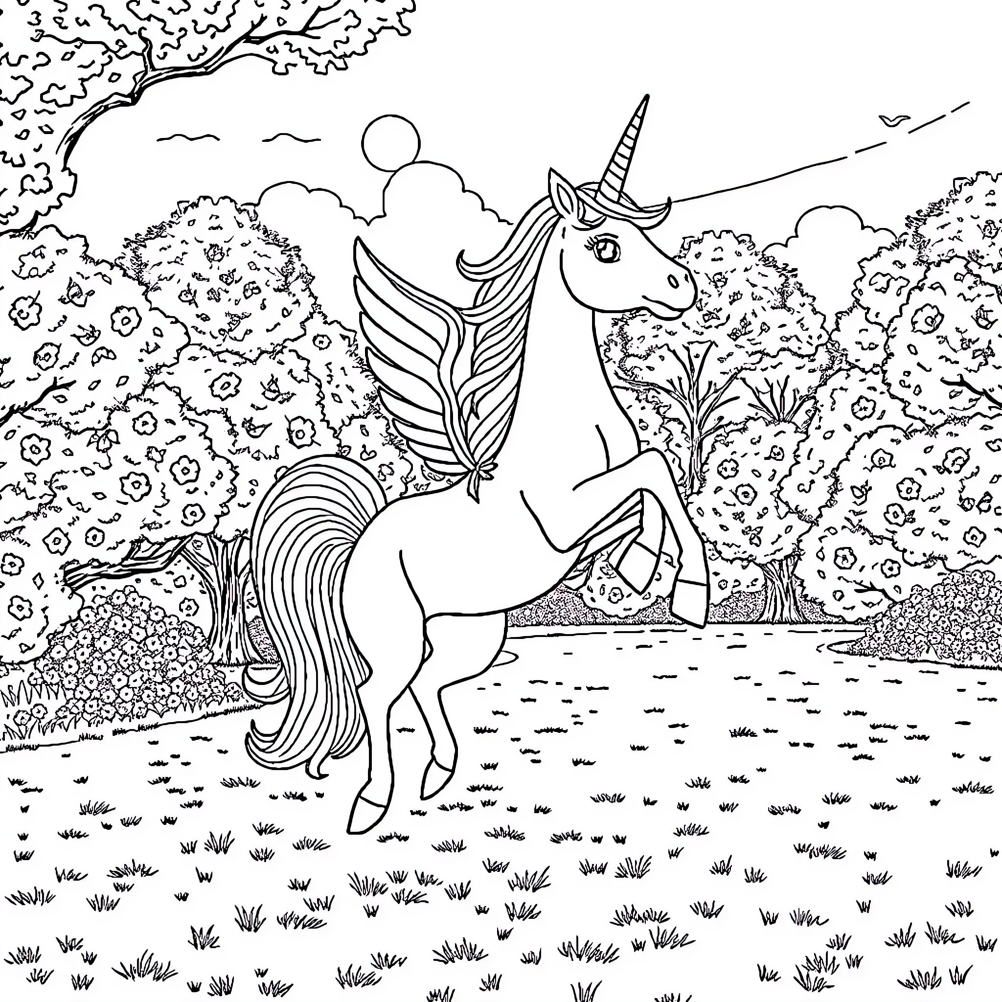 Unicorn standing in magical forest landscape Coloring Page (free black-and-white line drawing printable PDF for all, from beginners to advanced learners, including children, teens, adults, and seniors)