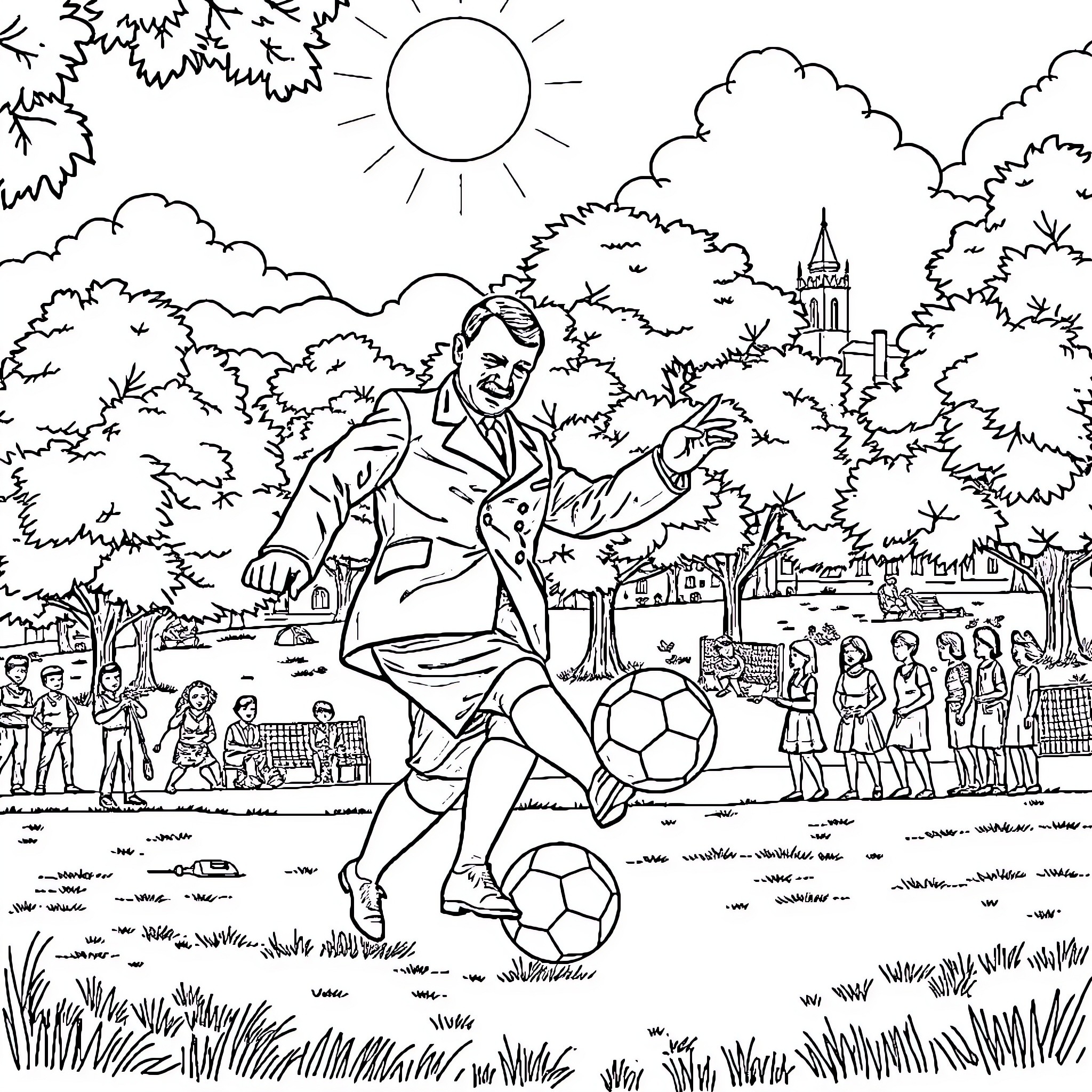 Adolf Hitler Playing Football in Park Coloring Page (free black-and-white line drawing printable PDF for all, from beginners to advanced learners, including children, teens, adults, and seniors)